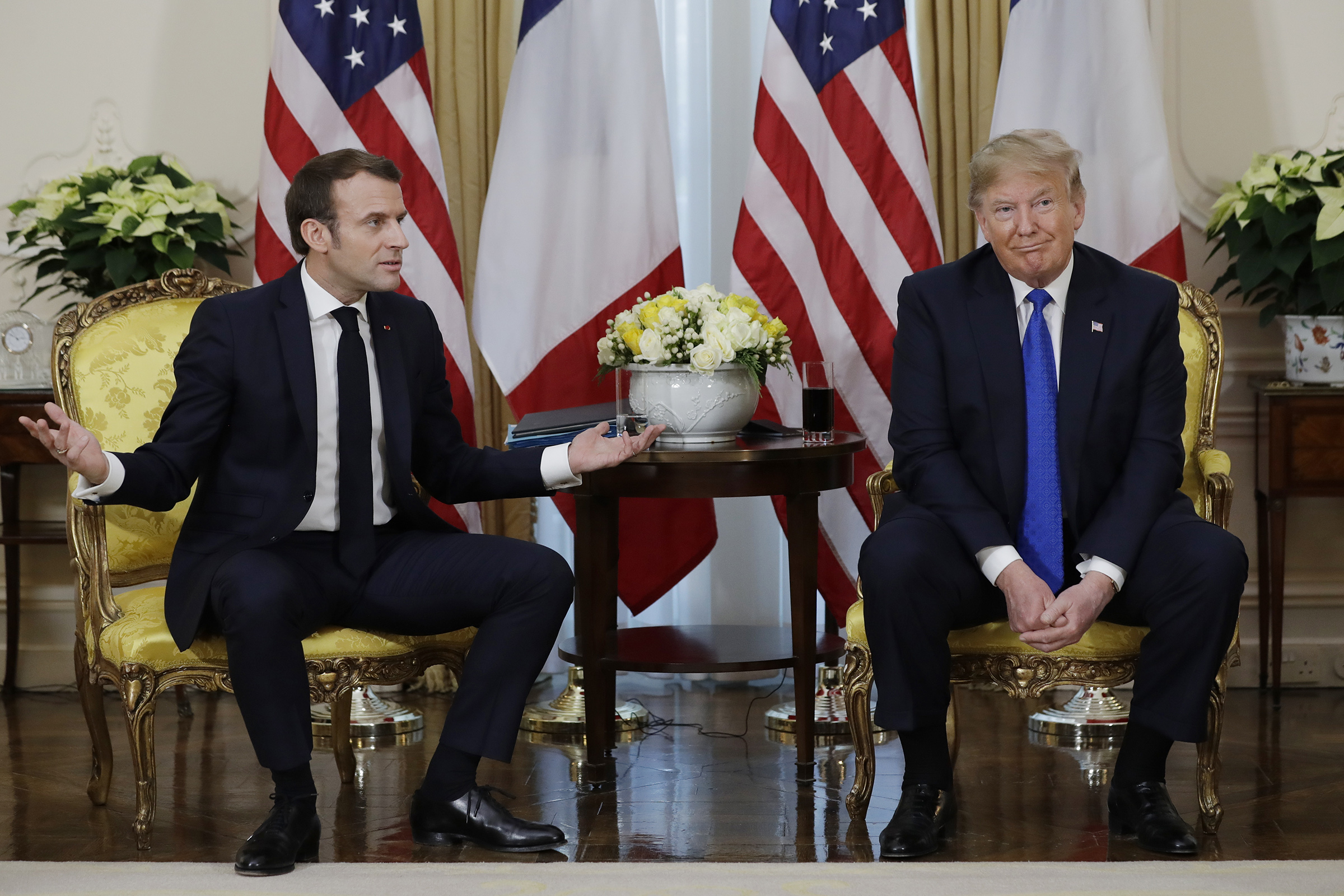 President Donald Trump meets French President Emmanuel Macron at Winfield House, on Dec. 3, 2019, in London. (Evan Vucci—AP)