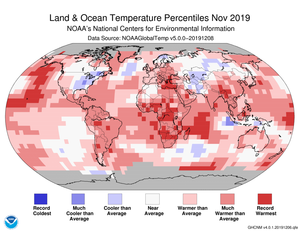 Land and Ocean Temperature Percentiles Nov. 2019