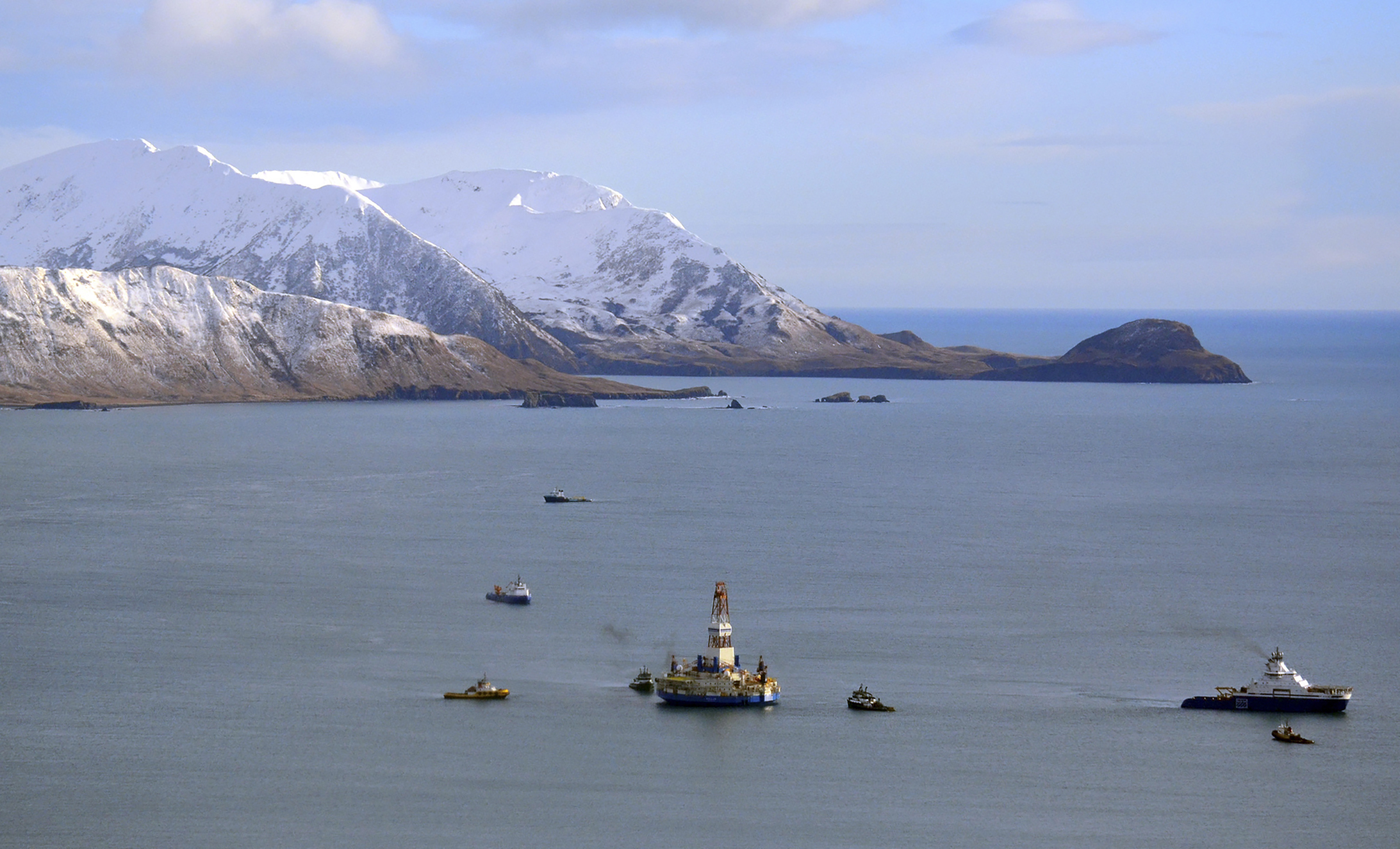 A floating drill rig Kulluk in Kodiak Island, Alaska's Kiliuda Bay as salvage teams conduct an in-depth assessment of its seaworthiness on Jan. 7, 2013. (James Brooks—Kodiak Daily Mirror via AP)