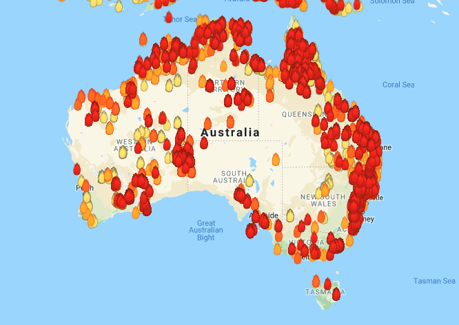 A map from researchers in Western Australia shows hundreds of bushfire hotspots across the nation as of Friday, Dec. 20, 2019.