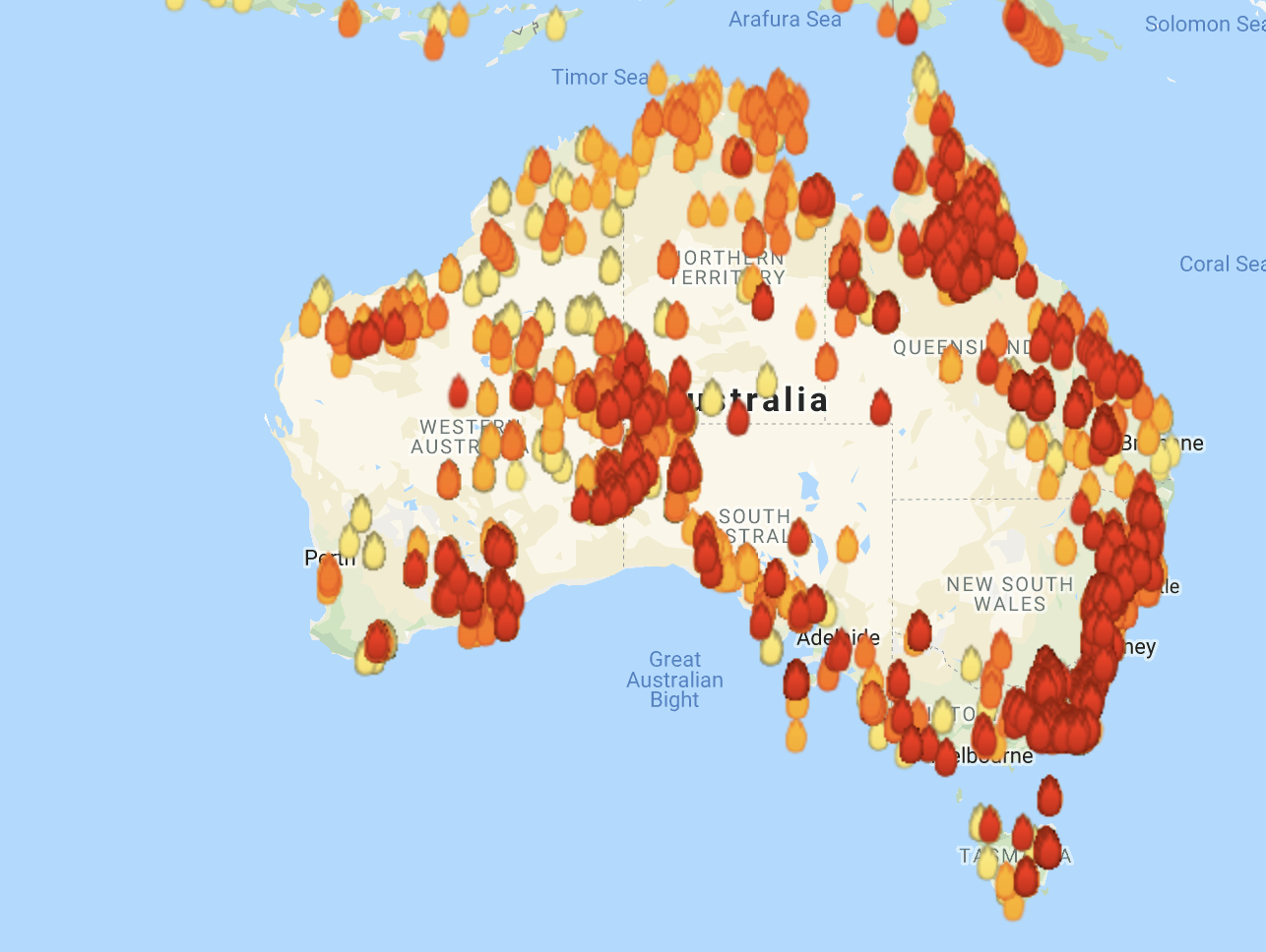 A map from researchers in Western Australia shows hundreds of wildfire hotspots across the nation as of Wednesday, Jan. 1, 2020. (Landgate's MyFireWatch)