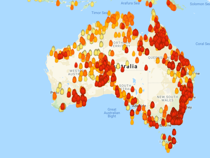 A map from researchers in Western Australia shows hundreds of wildfire hotspots across the nation as of Wednesday, Jan. 1, 2020.