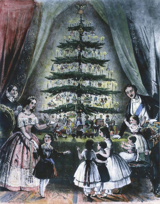 The Royal Christmas tree is admired by Queen Victoria, Prince Albert and their children.