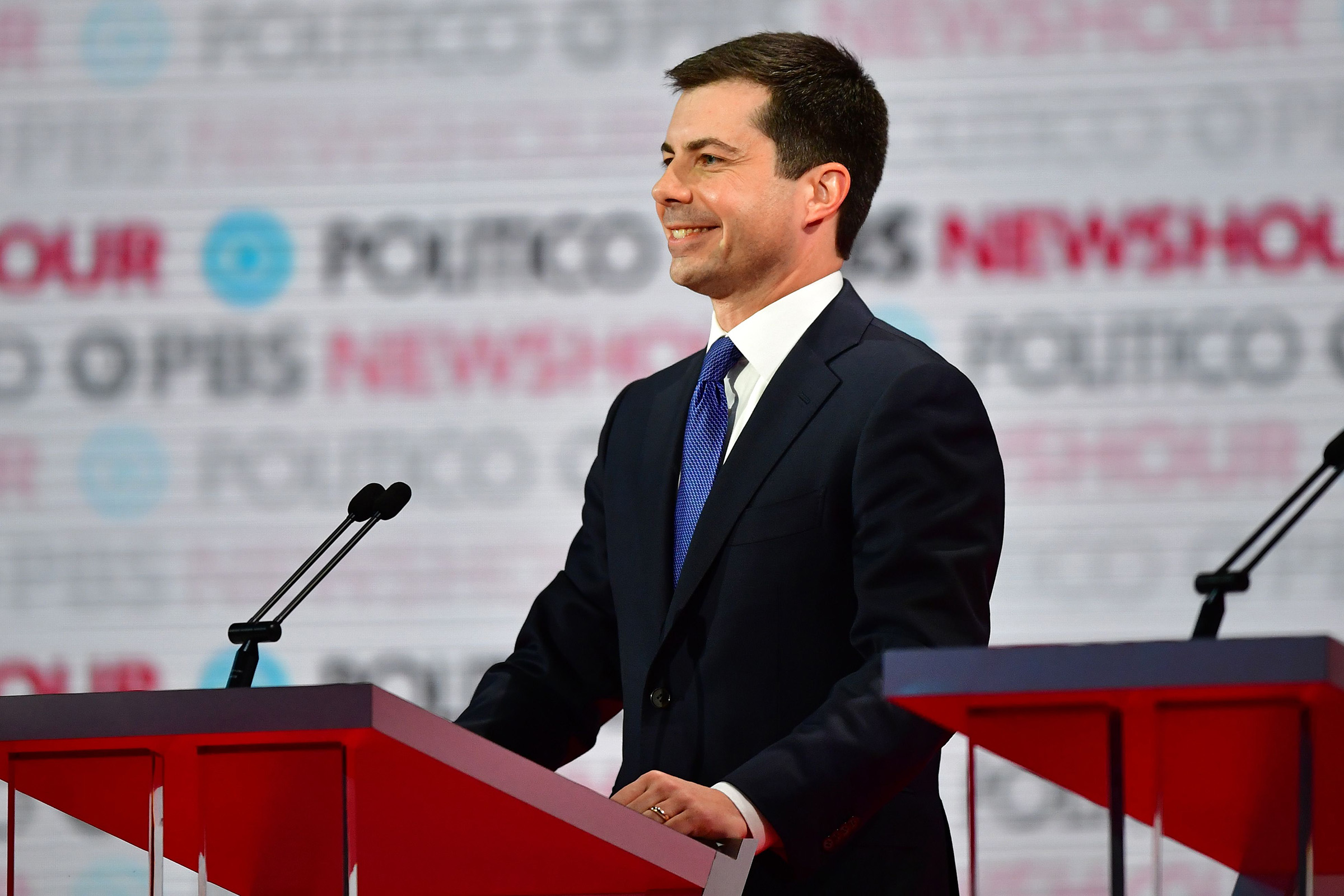 Democratic presidential hopeful South Bend, Indiana Pete Buttigieg participates of the sixth Democratic primary debate of the 2020 presidential campaign season in Los Angeles on Dec. 19, 2019. (Frederic J Brown—AFP via Getty Images)