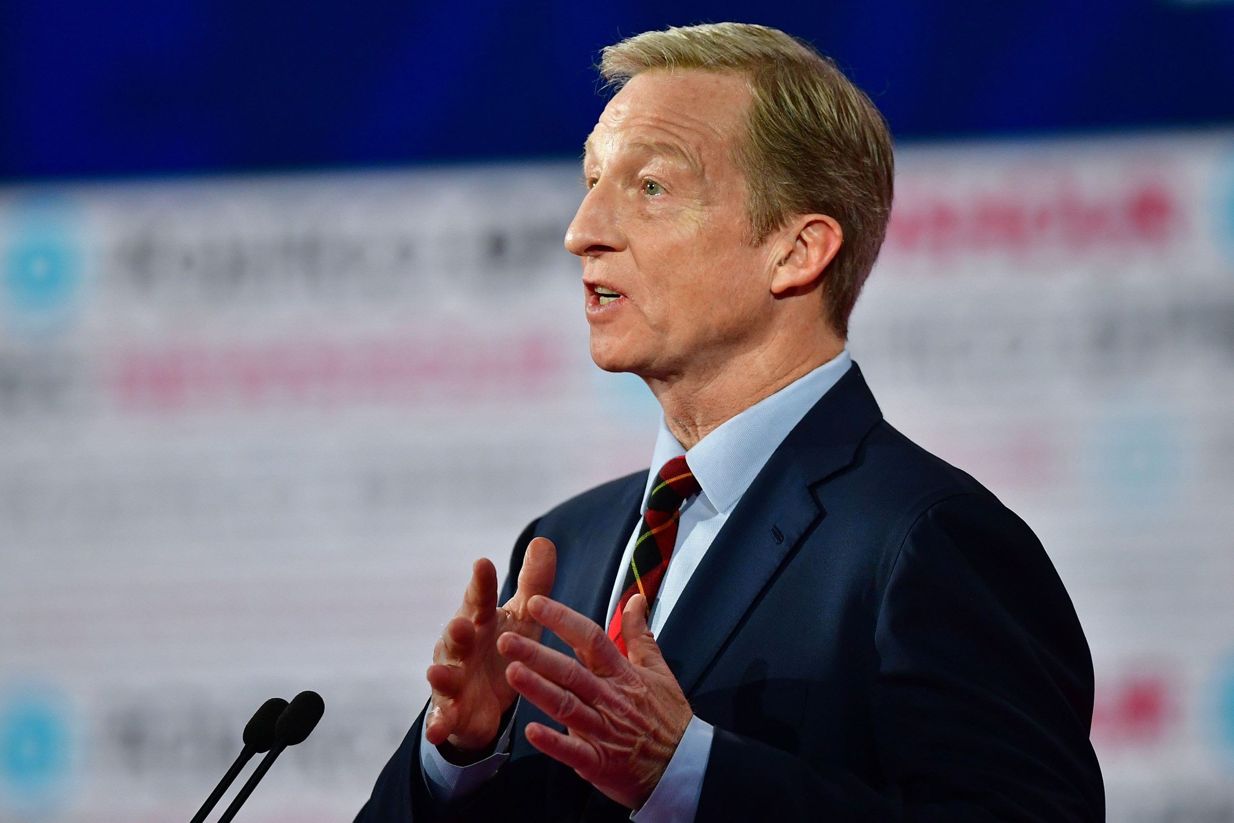Democratic presidential hopeful billionaire and philanthropist Tom Steyer speaks on stage during the sixth Democratic primary debate of the 2020 presidential campaign in Los Angeles on Dec. 19, 2019. (Frederic J. Brown—AFP via Getty Images)