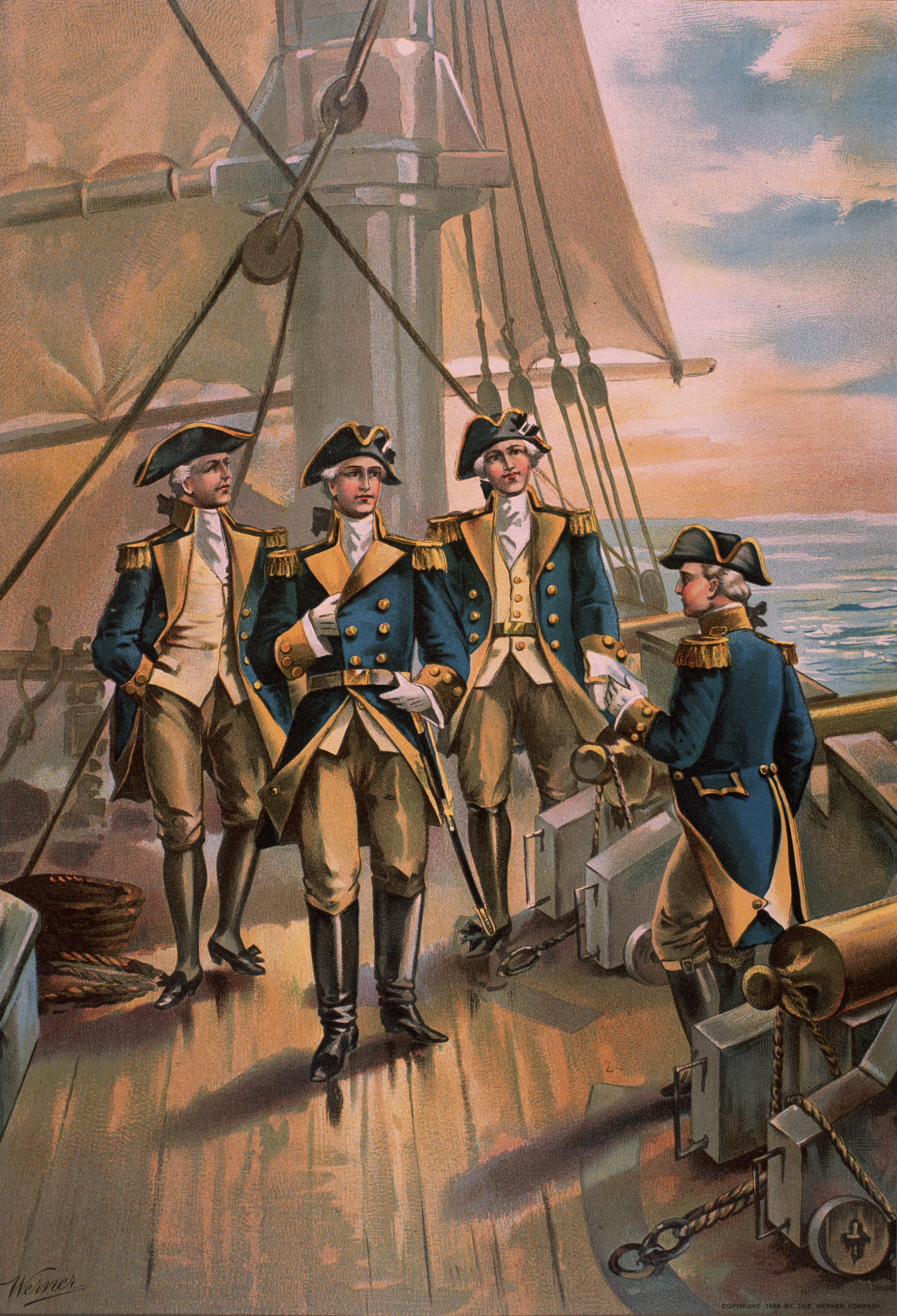 A color illustration published in 1899 depicts the commander in chief of the Continental Navy in 1776, Commodore Esek Hopkins with his officers on deck of his ship the USS 'Cabot.' Hopkins dismissed from the Navy in 1778. (Photo by Stock Montage/Stock Montage/Getty Images)
