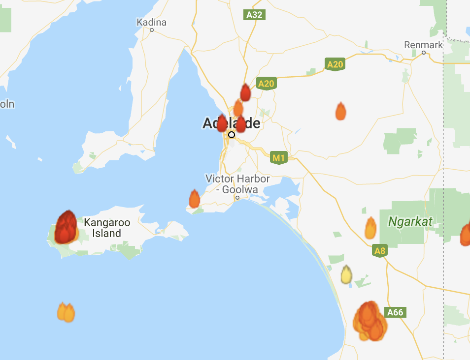 Wildfires burn outside Adelaide (Landgate's MyFireWatch)