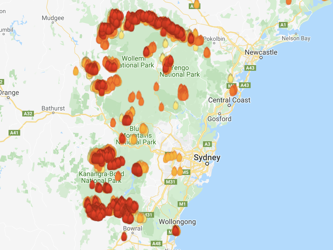 Wildfires burn outside Sydney (Landgate's MyFireWatch)