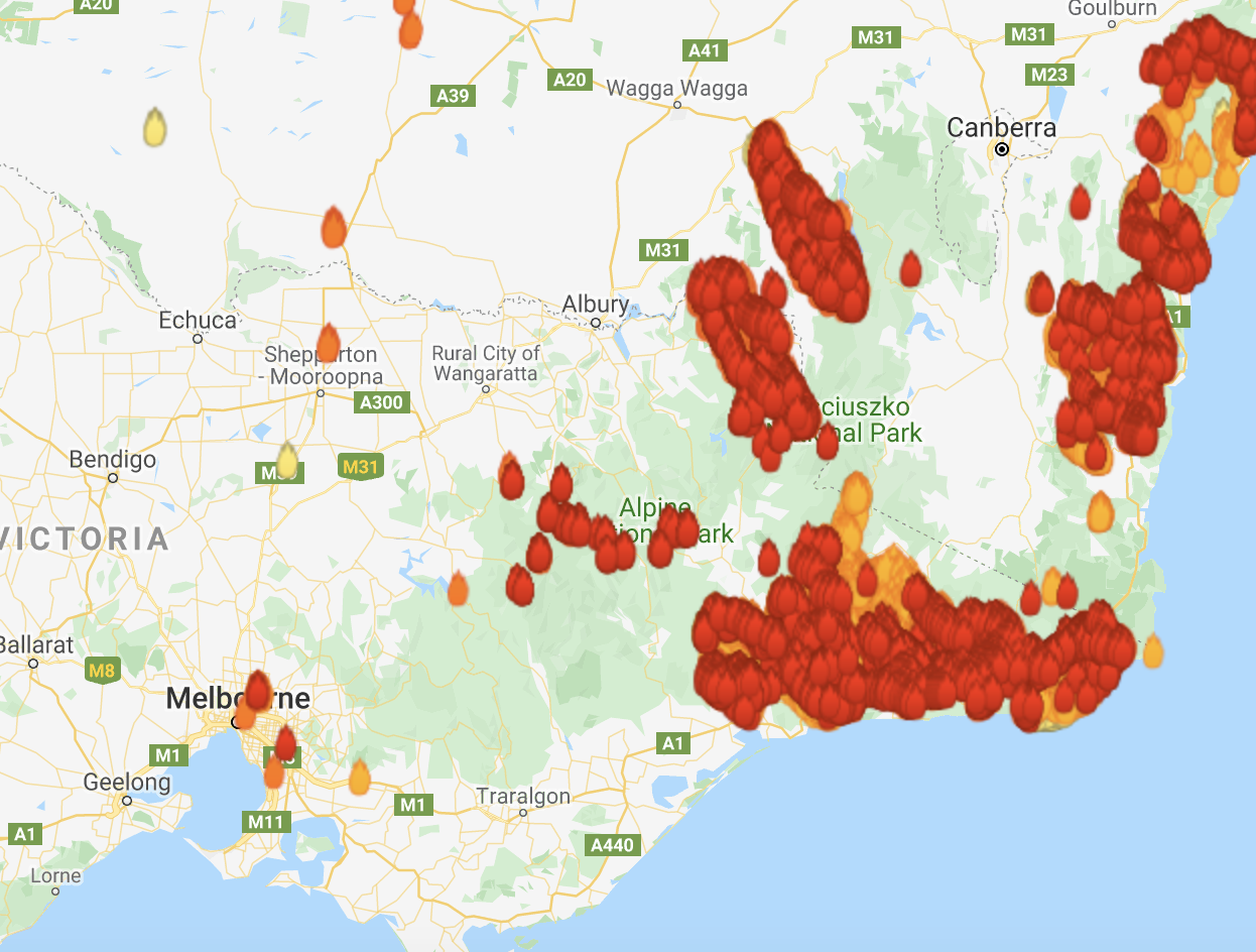Wildfires burn in the state of Victoria, where Melbourne is located (Landgate's MyFireWatch)