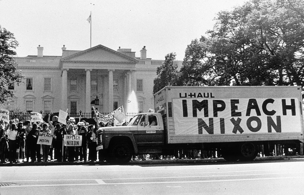 A demonstration outside the Whitehouse in support of the impeachment of President Nixon (1913 - 1994) following the Watergate revelations. (Getty Images)