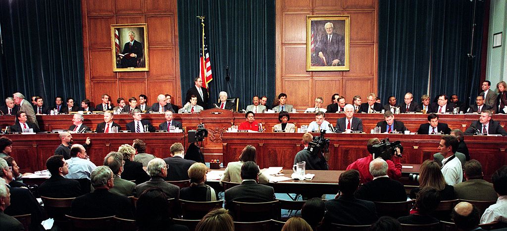 Members of the House Judiciary Committee discuss articles of impeachment against US President Bill Clinton Dec. 11, 1998, on Capitol Hill in Washington, D.C. (Paul Richards—AFP via Getty Images)