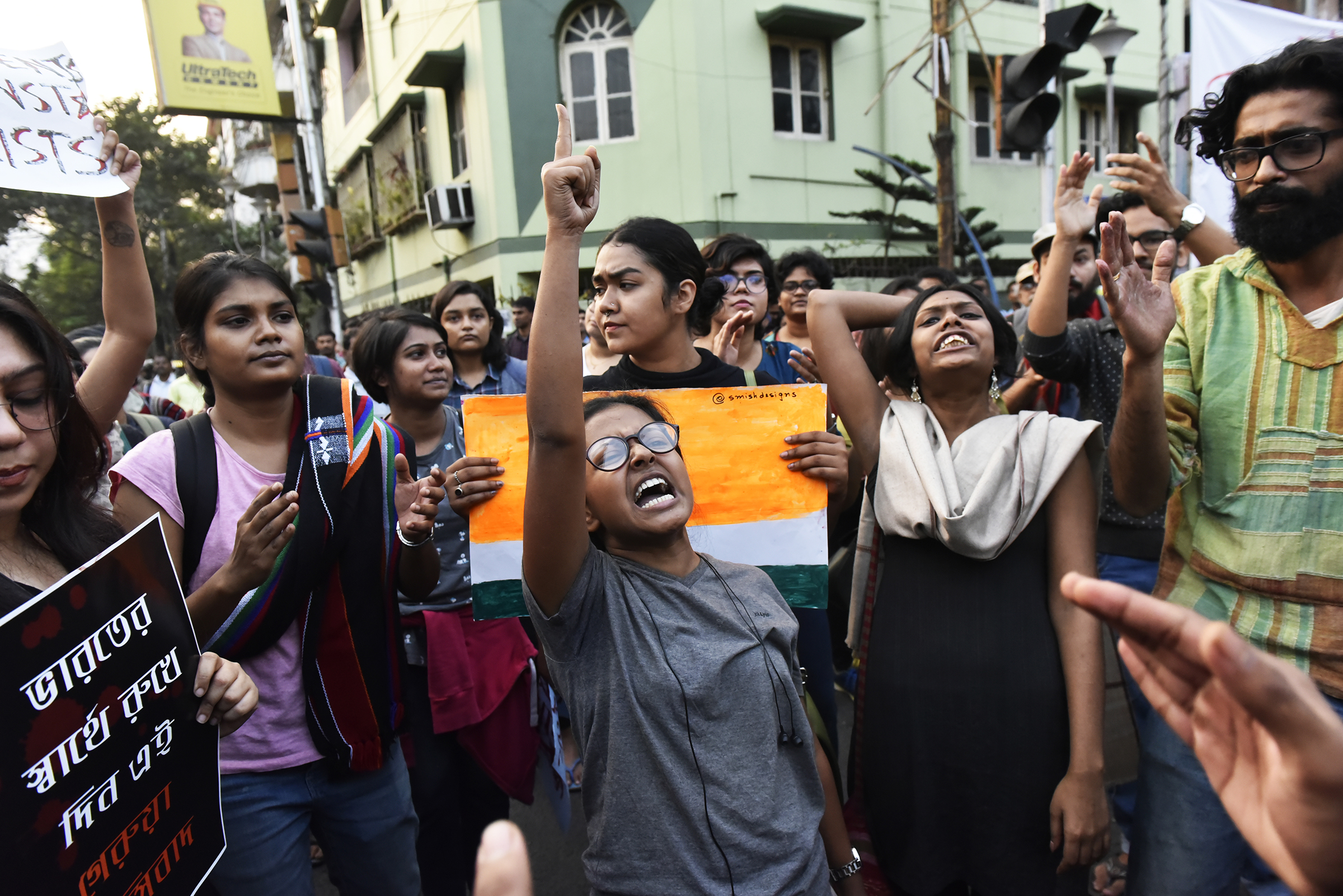 Jadavpur University students in Kolkata demonstrate against police brutality towards the students of Jamia Millia Islamia University in New Delhi, who were protesting against the approval of the Citizenship Amendment Bill (CAB) on Dec. 16, 2019. (Indranil Aditya—NurPhoto via Getty Images)