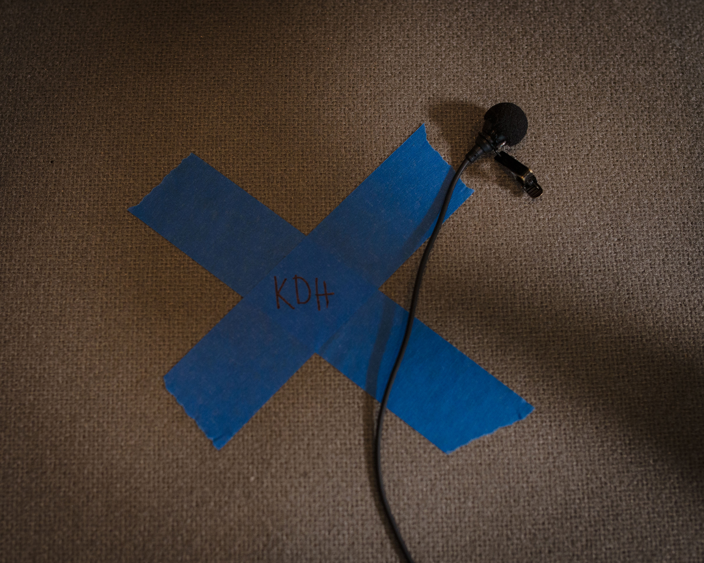 "X" marks the spot where Kamala Harris sits for a radio interview in Waterloo, Iowa, in September.