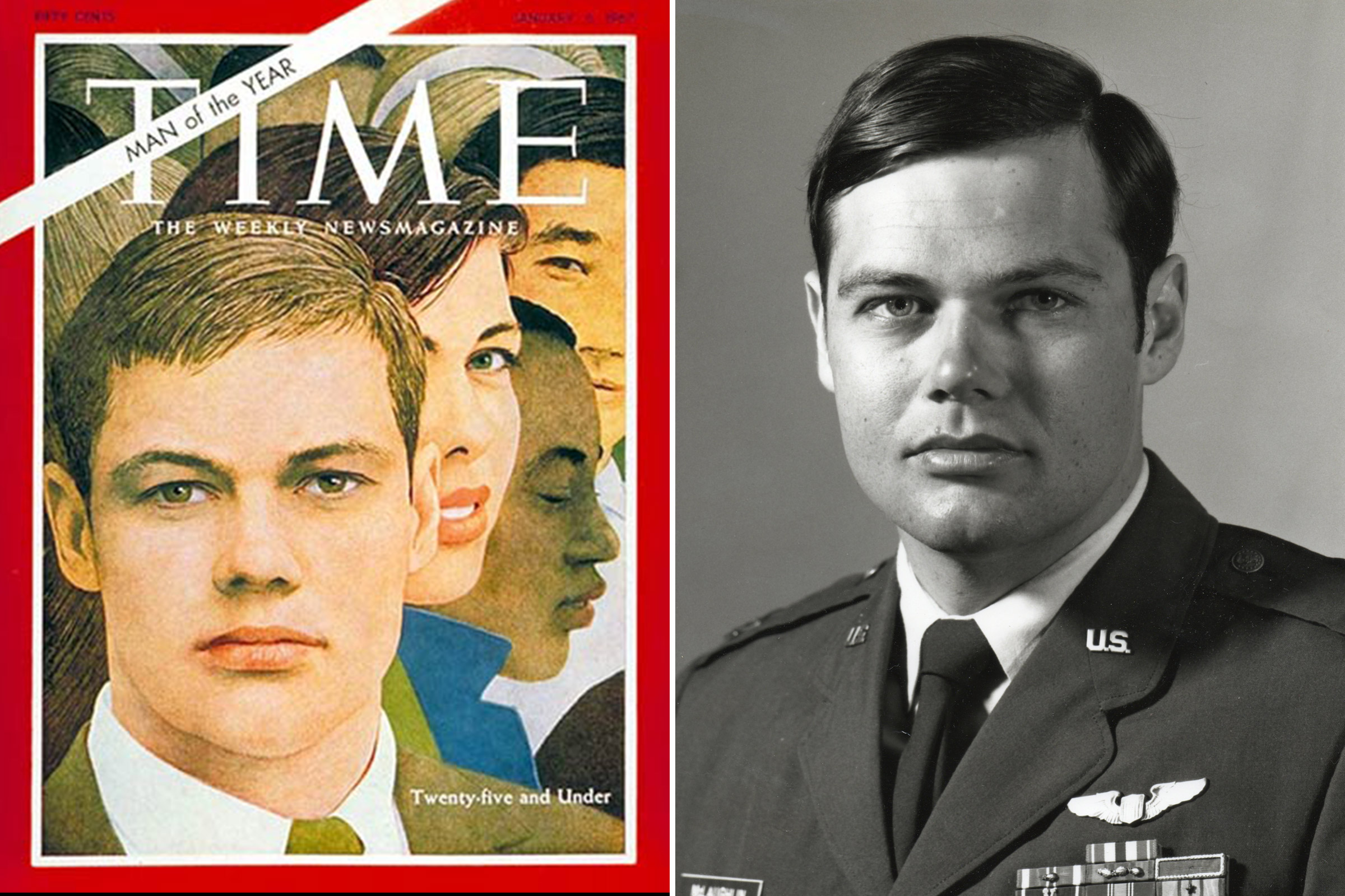 The Person of the Year 1966 cover image, at left, and Thomas McLaughlin in uniform. (Left: Robert Vickrey/TIME. Right: Courtesy of Sally McLaughlin.)