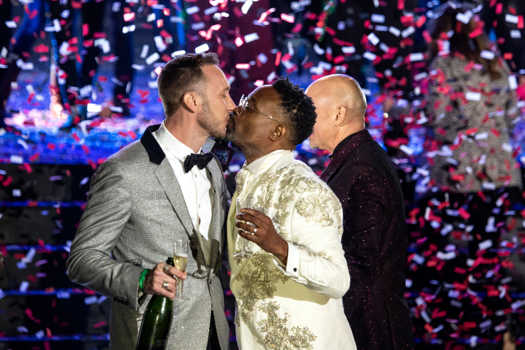 Billy Porter and Adam Porter-Smith celebrate onstage during Dick Clark's New Year's Rockin' Eve Celebration on December 31, 2019 in New Orleans City. (Santiago Felipe—Getty Images)