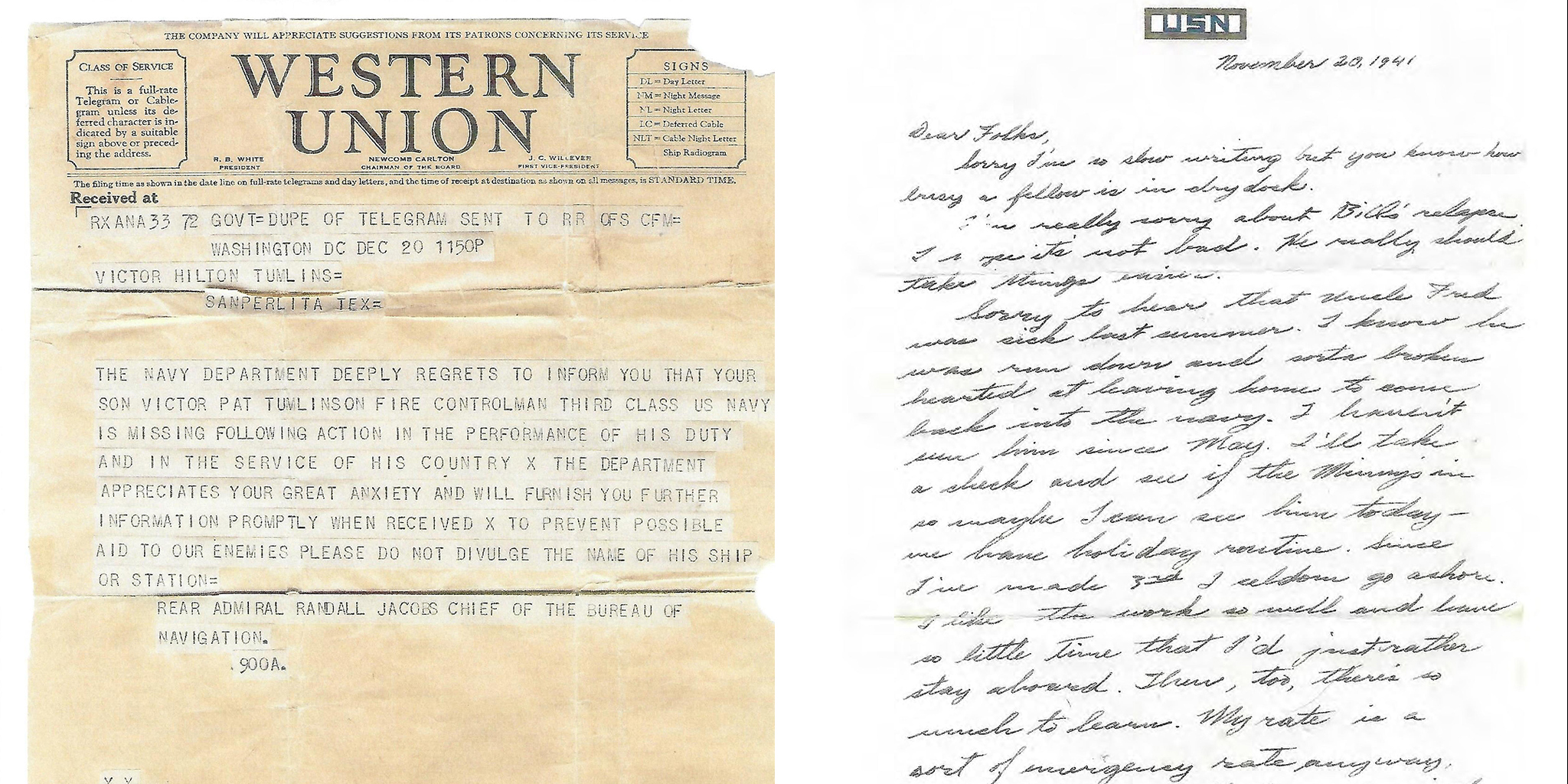(L) A telegram from the U.S. Navy, dated Dec. 20, 1941, informed the Tumlinson family that Victor "Pat" Tumlinson was missing after the attack on Pearl Harbor. (R) A letter Tumlinson wrote home Nov. 20, 1941—days before he was killed in the attack on Pearl Harbor. (Courtesy of the Tumlinson family)
