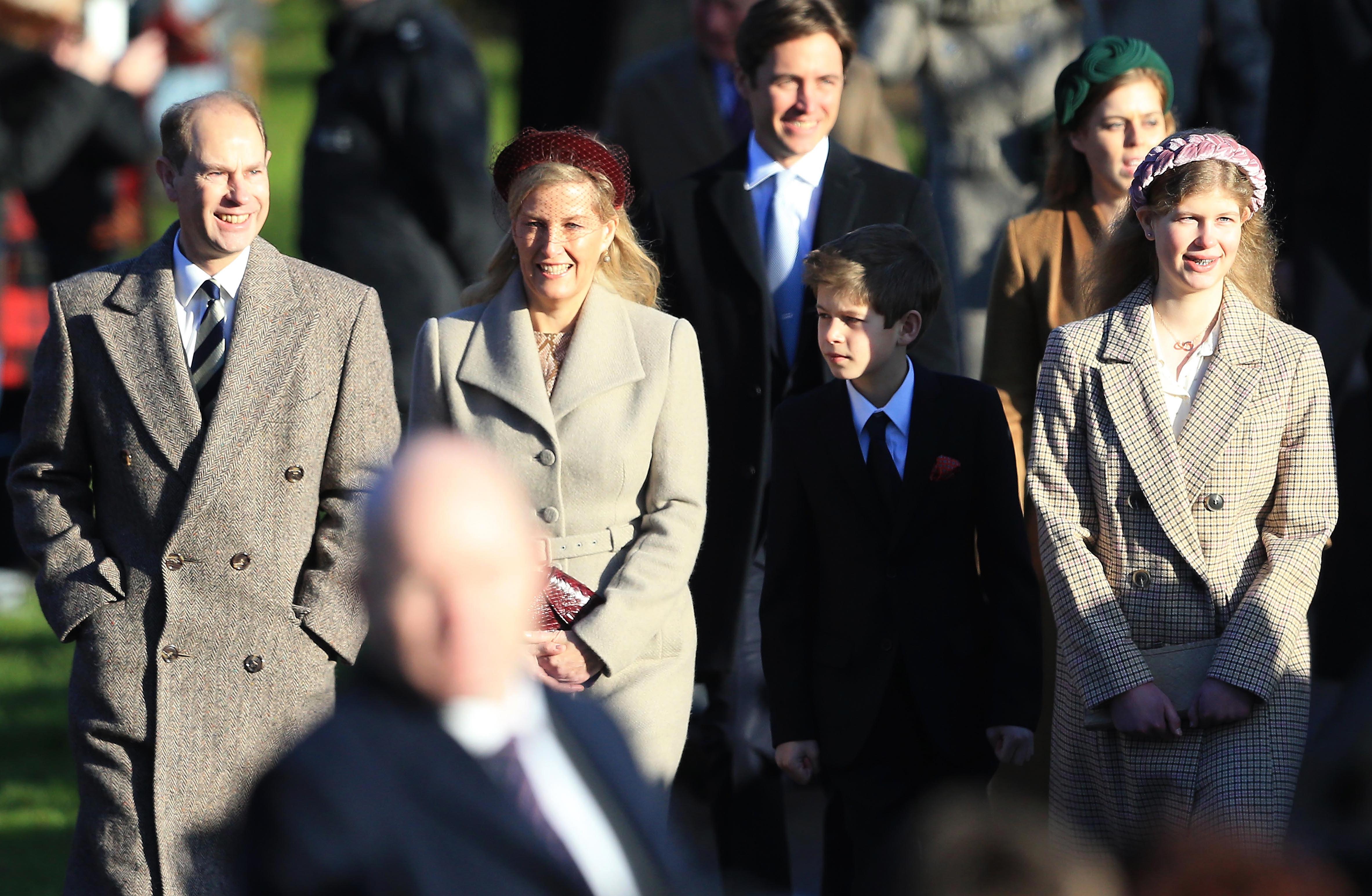 Prince Edward, Earl of Wessex, Sophie, Countess of Wessex, Lady Louise Windsor and James, Viscount Severn attend the Christmas Day Church service at Church of St Mary Magdalene on the Sandringham estate on December 25, 2019 in King's Lynn, United Kingdom. (Stephen Pond—Getty Images)