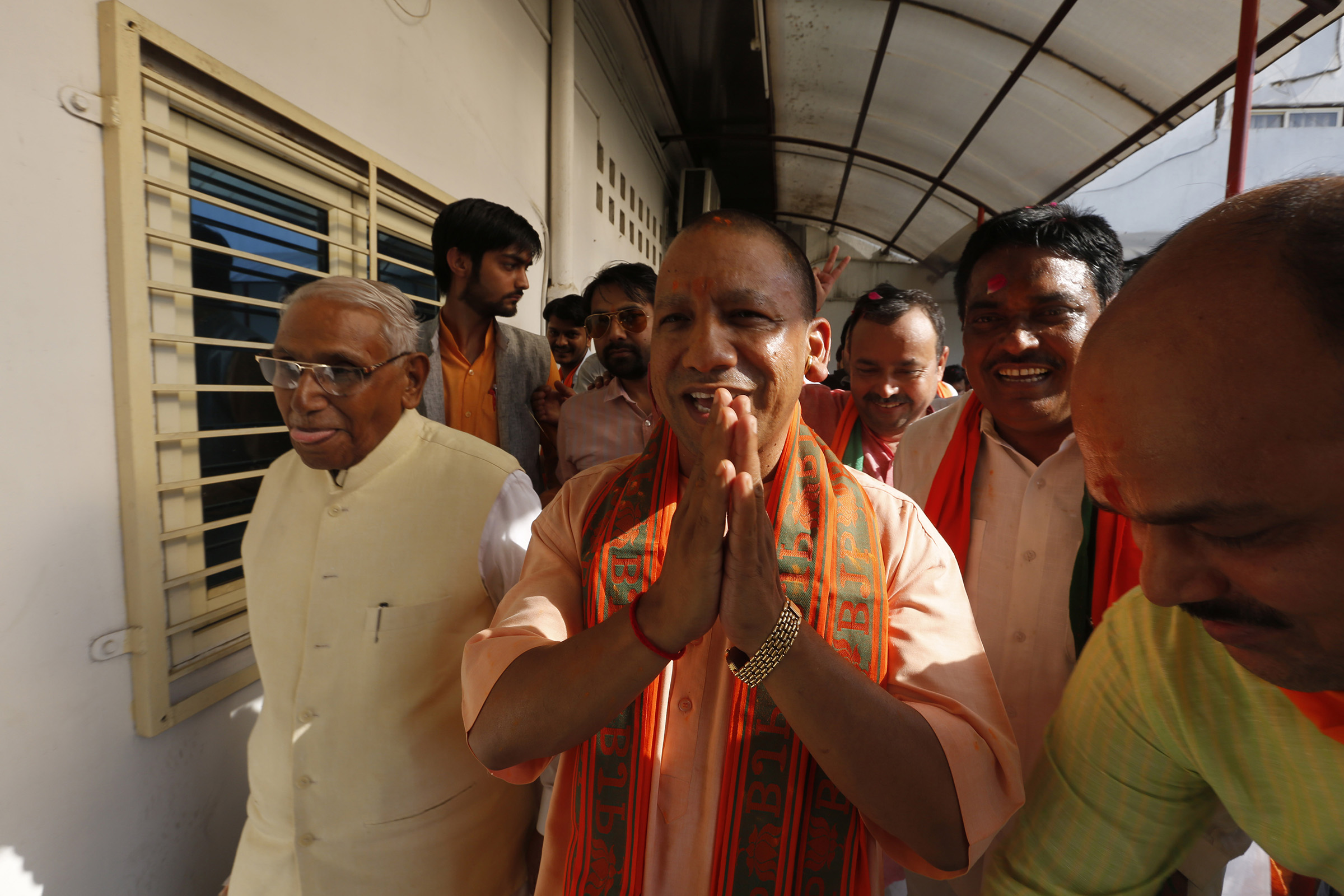 Chief Minister of Uttar Pradesh state Yogi Adityanath celebrates the party's victory in Lucknow, India, on May 23, 2019. (Rajesh Kumar Singh—AP)