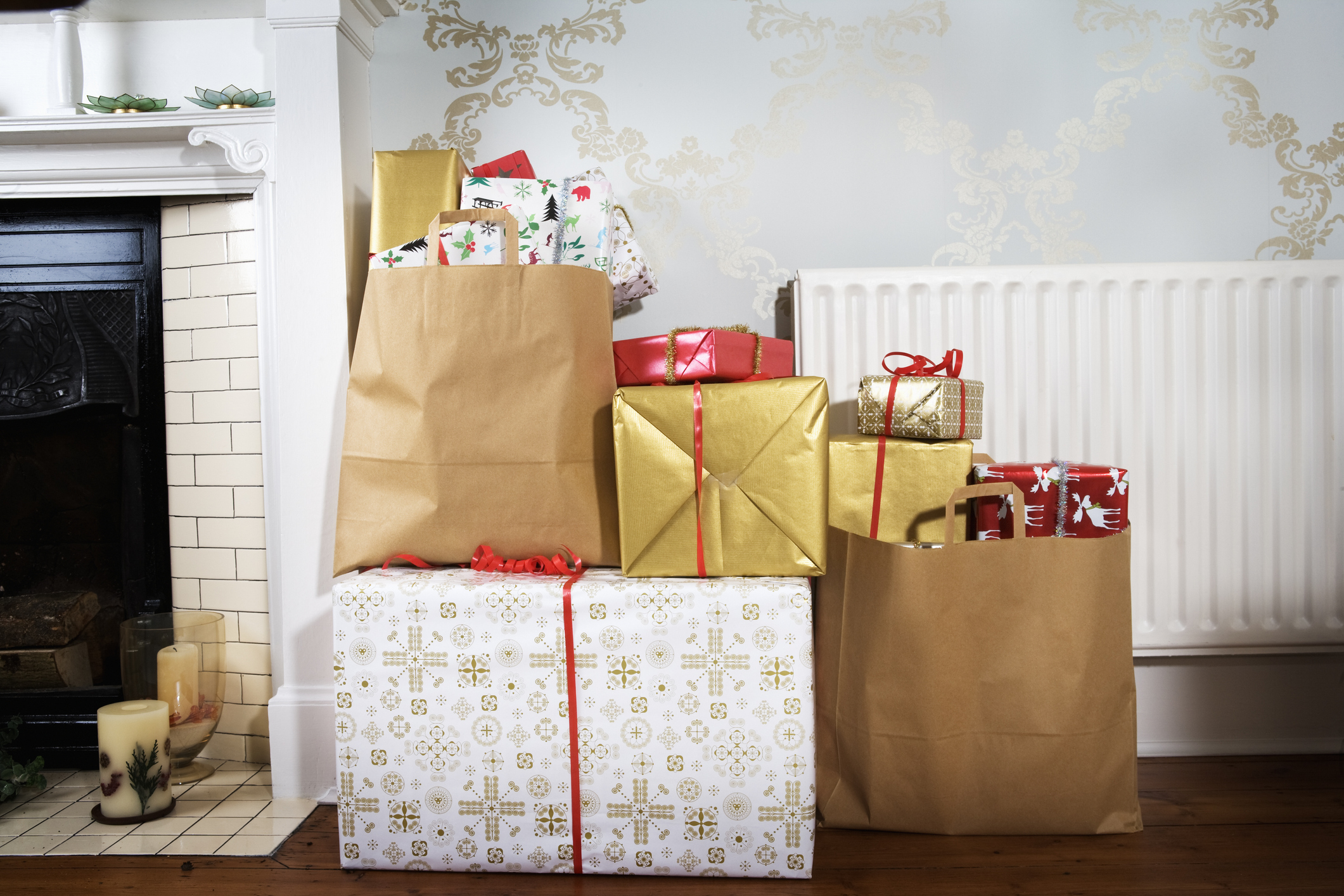 Presents in shopping bags in living room.