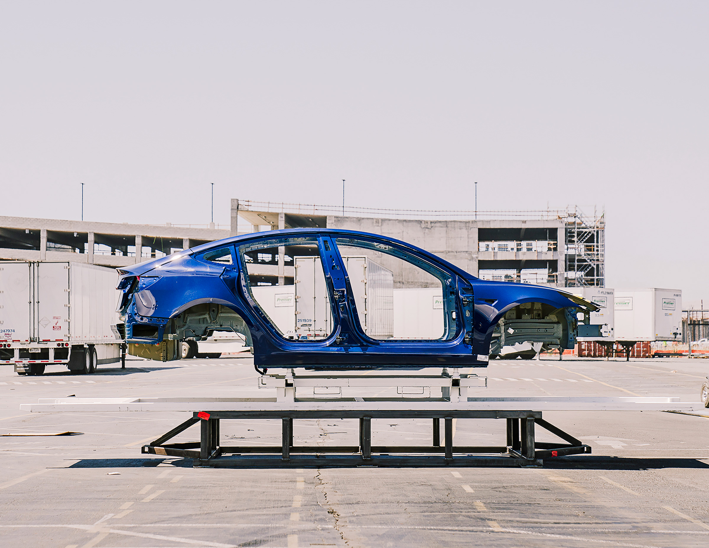The body of a Tesla Model 3 at the company’s Fremont, Calif., factory (JUSTIN KANEPS—The New York Times/Redux)