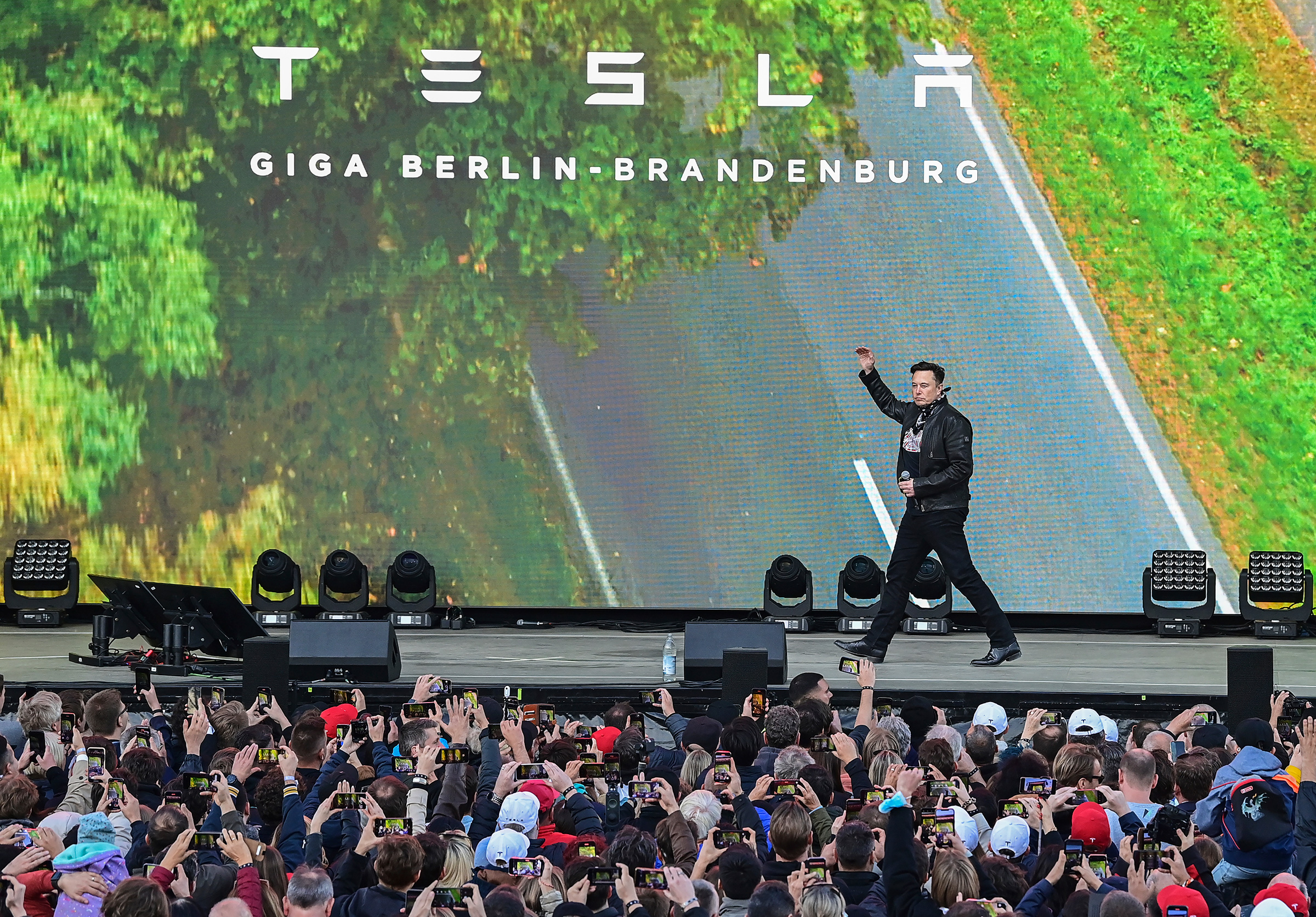 Musk at the Tesla Gigafactory in Grünheide, Germany, on oct. 9 (Patrick Pleul—Picture-Alliance/DPA/AP)