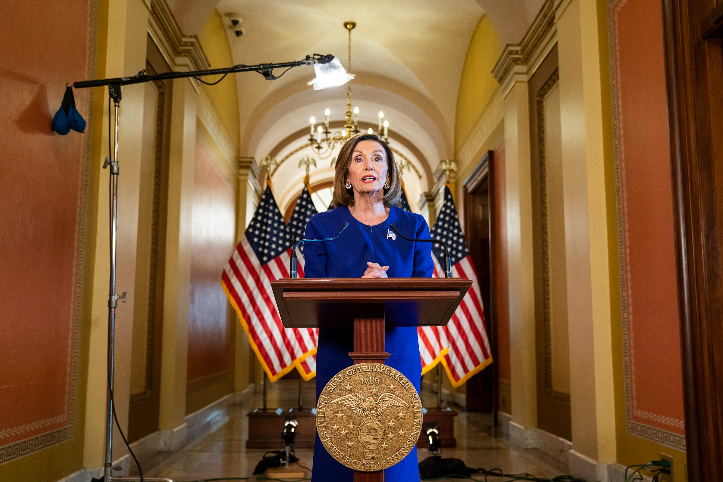 Sept. 24, 5:04 p.m.: Nancy Pelosi formally announces the House will pursue articles of impeachment. (Jim Lo Scalzo—Picture-Alliance/DPA/AP)