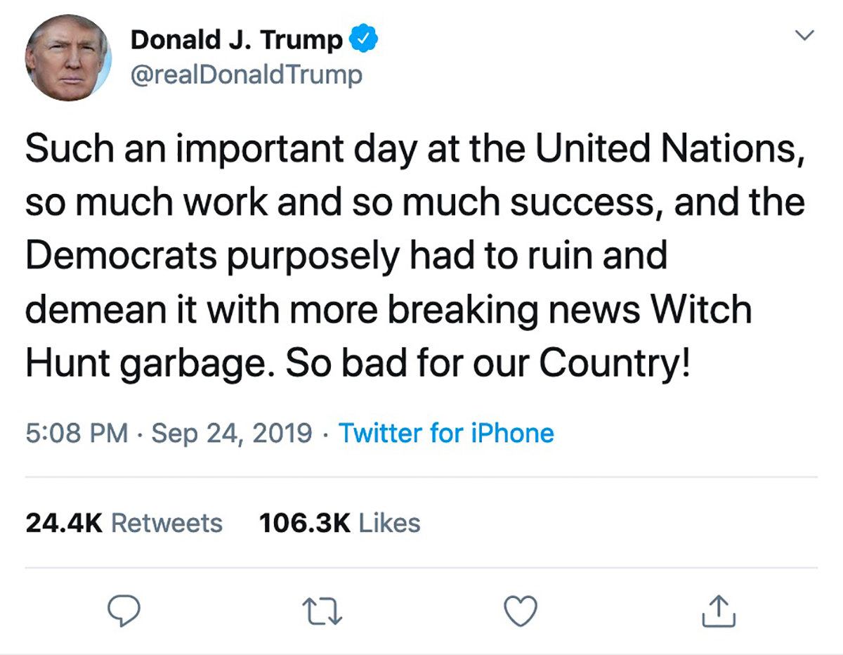 3.5 min. later Trump tweets in response: “Witch Hunt garbage.”