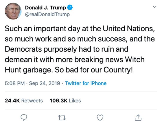 3.5 min. later Trump tweets in response: â€œWitch Hunt garbage.â€