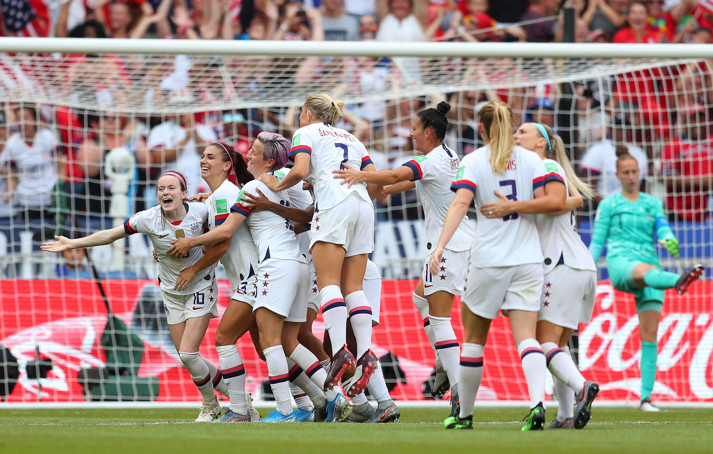 Rose Lavelle celebrates with teammates after scoring her team's second goal during the Women's World Cup Final in Lyon, France on July 07
