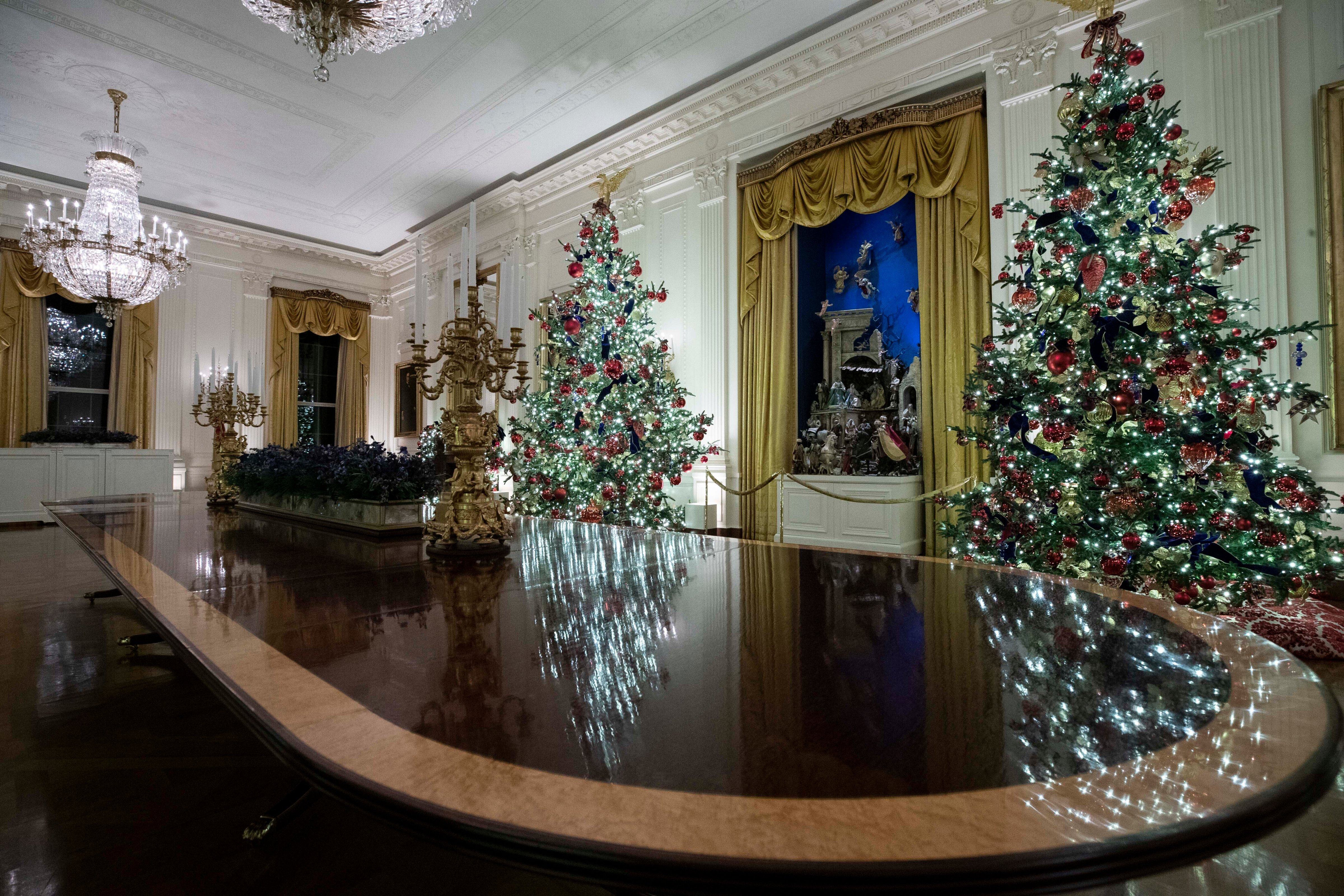 The East Room is decorated during the 2019 Christmas preview at the White House, Monday, Dec. 2, 2019, in Washington. (AP—Copyright 2019 The Associated Press. All rights reserved.)