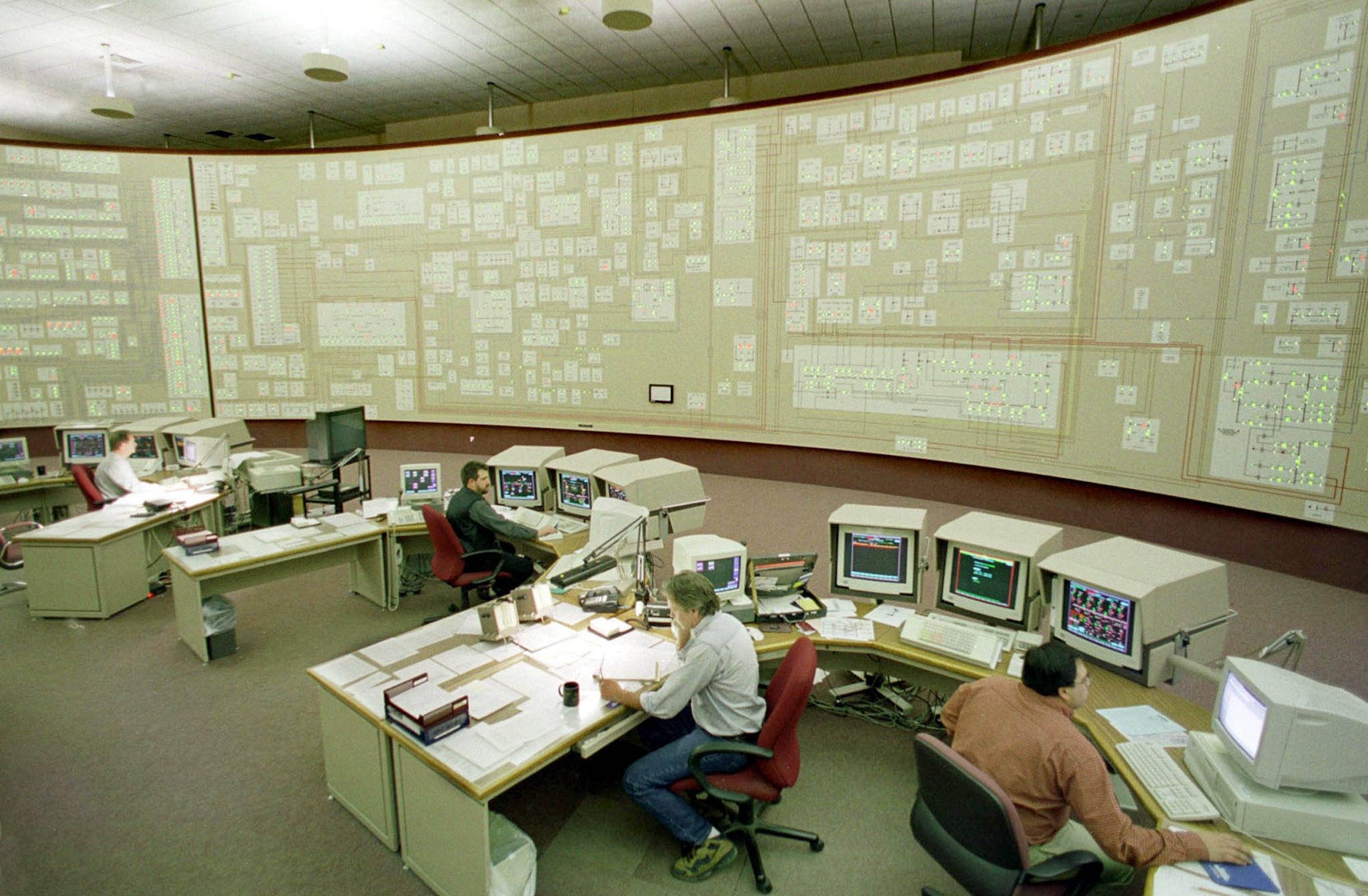 The power grid is lit in the final days of Y2K testing at the Niagara Mohawk Power Company control facility in Buffalo, N.Y., Dec. 28, 1999. The company planned for more than 1000 staff to be on duty system-wide on New Year's Eve to be ready for any problems. (Joe Traver—Liaison Agency/Getty Images)