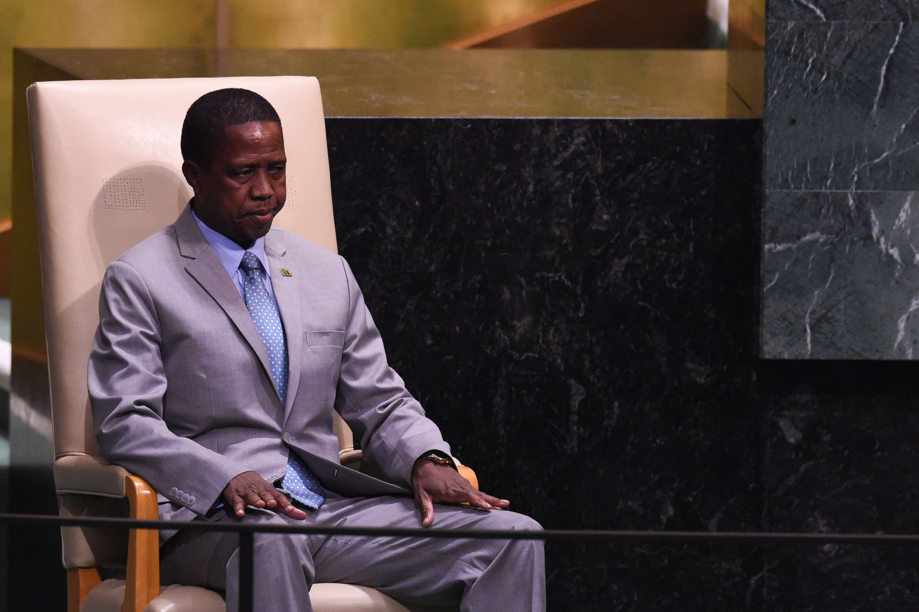 Zambian President Edgar Lungu waits to speak at the General Debate of the 73rd session of the General Assembly at the United Nations on Sept. 25, 2018 in New York. (Bryan R. Smith—AFP/Getty Images)