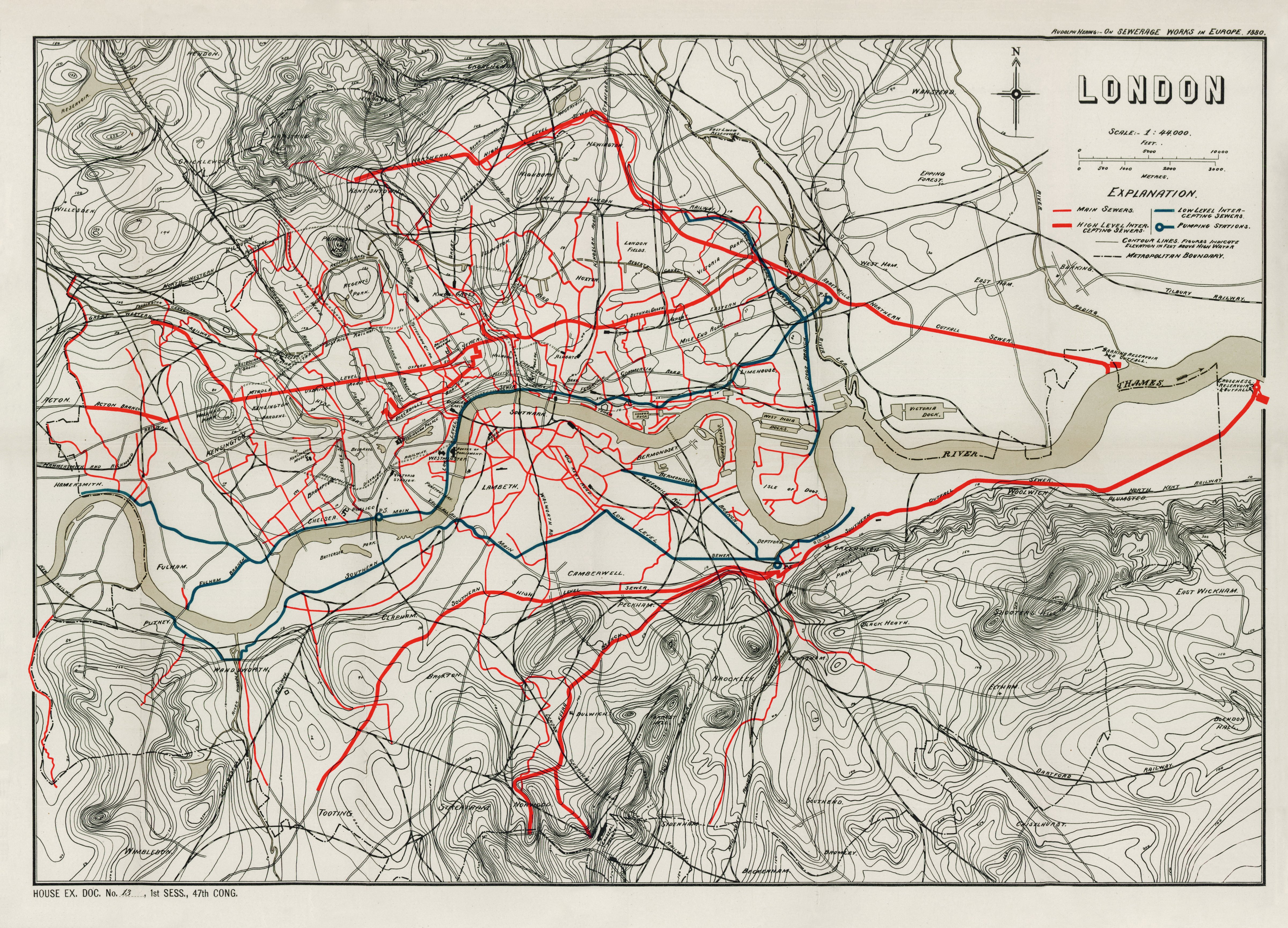 Sir Joseph Bazalgette was the creator of London’s great Victorian sewage system, depicted here on this map. The most prominent red lines are the main interception sewers. (Courtesy of the Library of Congress, Washington, D.C.)