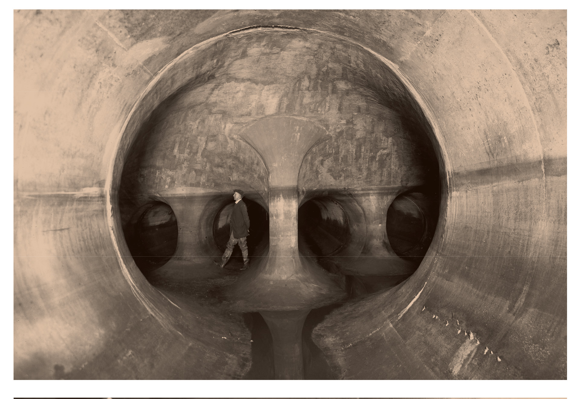 Construction of interceptor sewers in the 1920s—New Jersey, U.S. The main interceptor is 22 miles long and connects to 18 miles of branch sewers. (Passaic Valley Sewerage Commission)