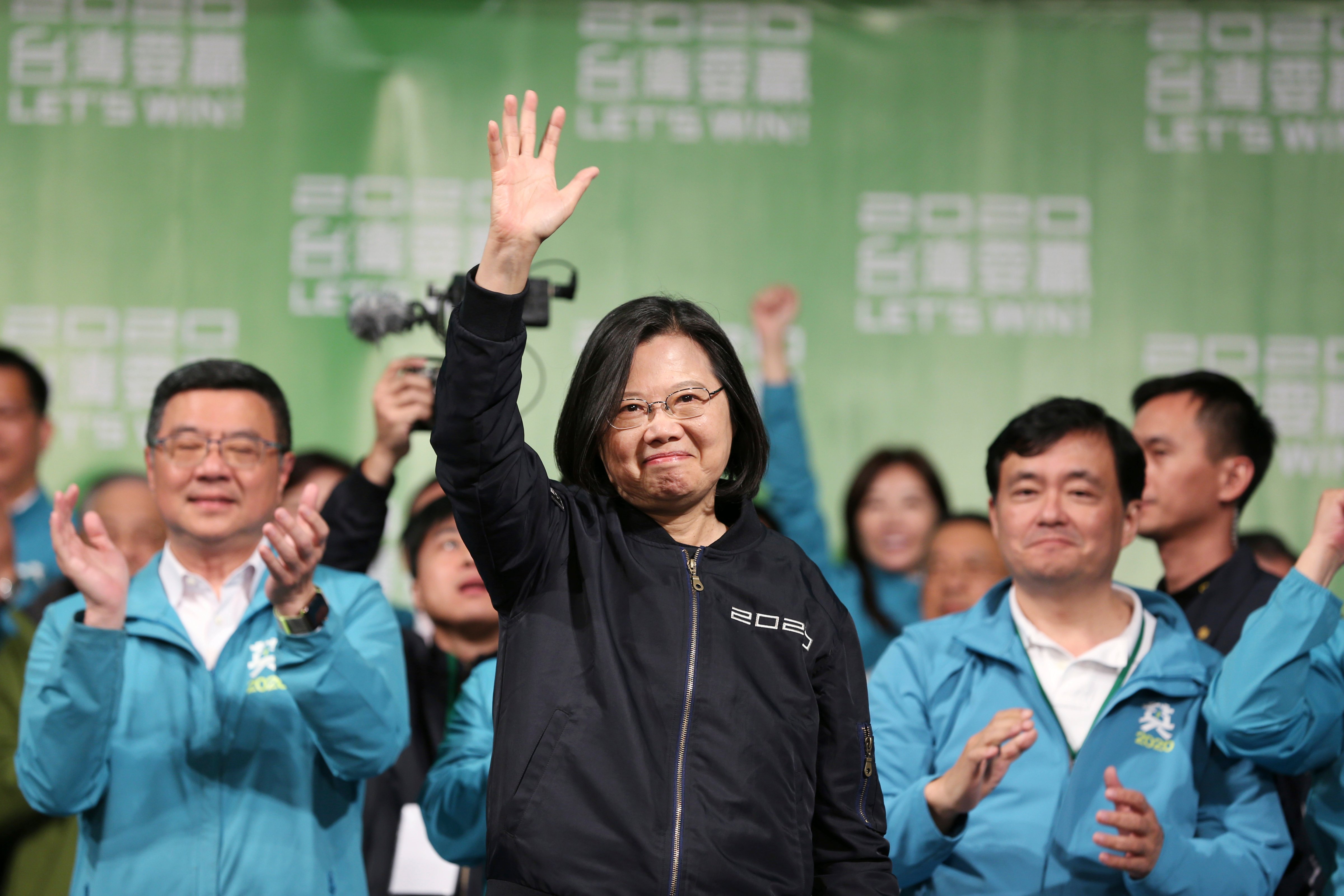 Taiwan's 2020 presidential election candidate, Taiwanese President Tsai Ing-wen celebrates her victory with supporters in Taipei, Taiwan, on Jan. 11, 2020. (Chiang Ying-ying—AP)