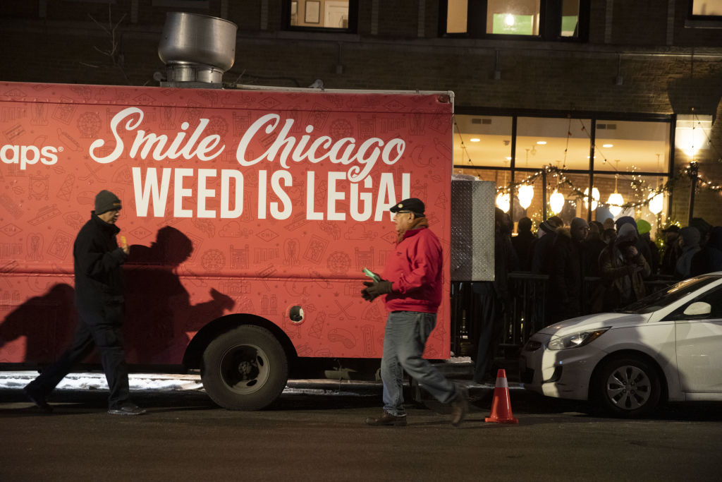 A Weed Maps truck sits near the Cresco Labs Sunnyside* Lakeview dispensary as recreational marijuana sales begin in Chicago, Illinois, U.S., on Jan. 1, 2020. (Daniel Acker—Bloomberg via Getty Images)