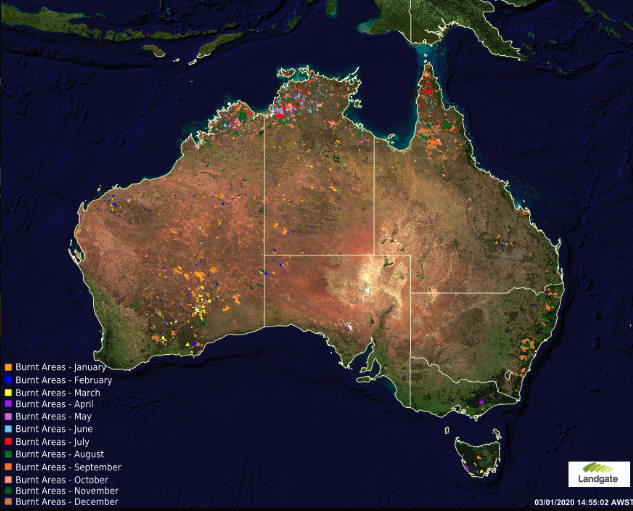 A map shows land burned by fires in Australia by month during the year 2019. (Landgate's MyFireWatch)