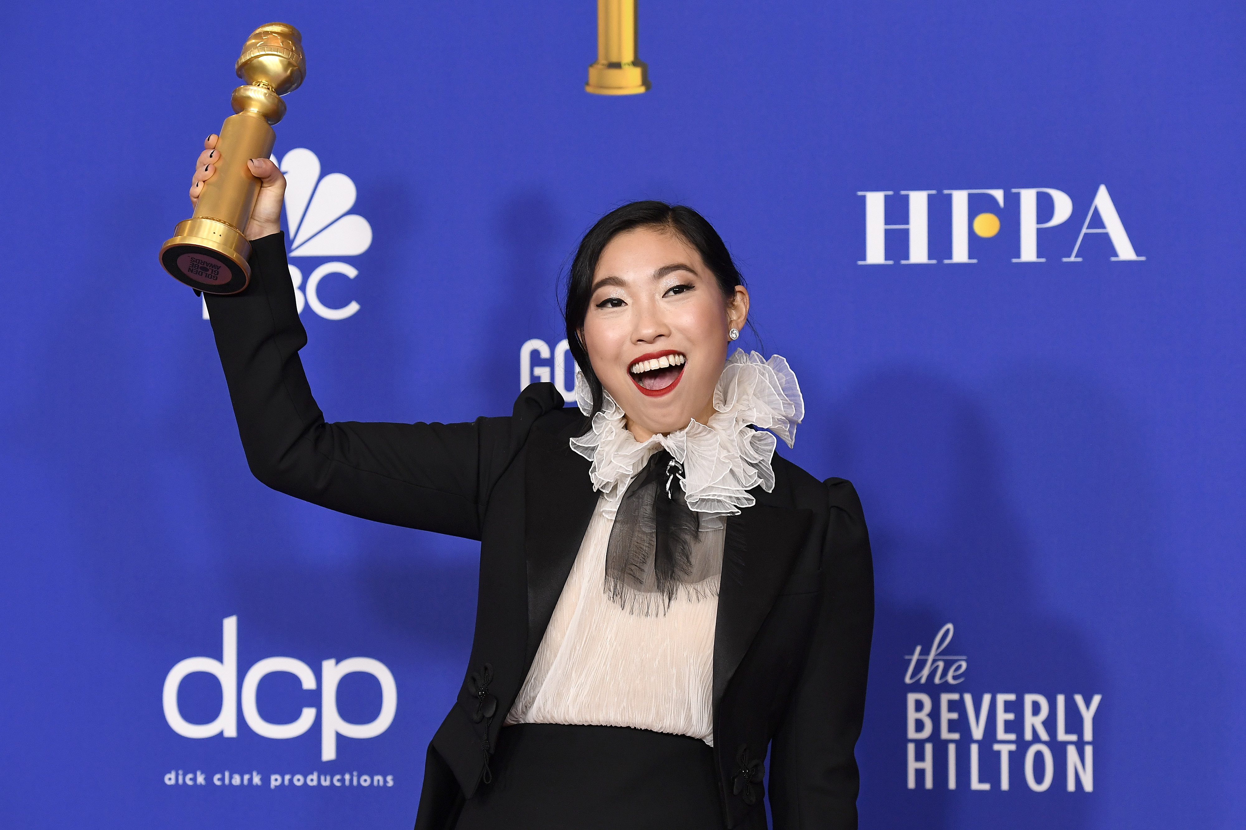 Awkwafina after winning the award for Best Performance by an Actress in a Motion Picture - Musical or Comedy for The Farewell. (Kevork Djansezian—NBC/NBCU Photo Bank/Getty Images)
