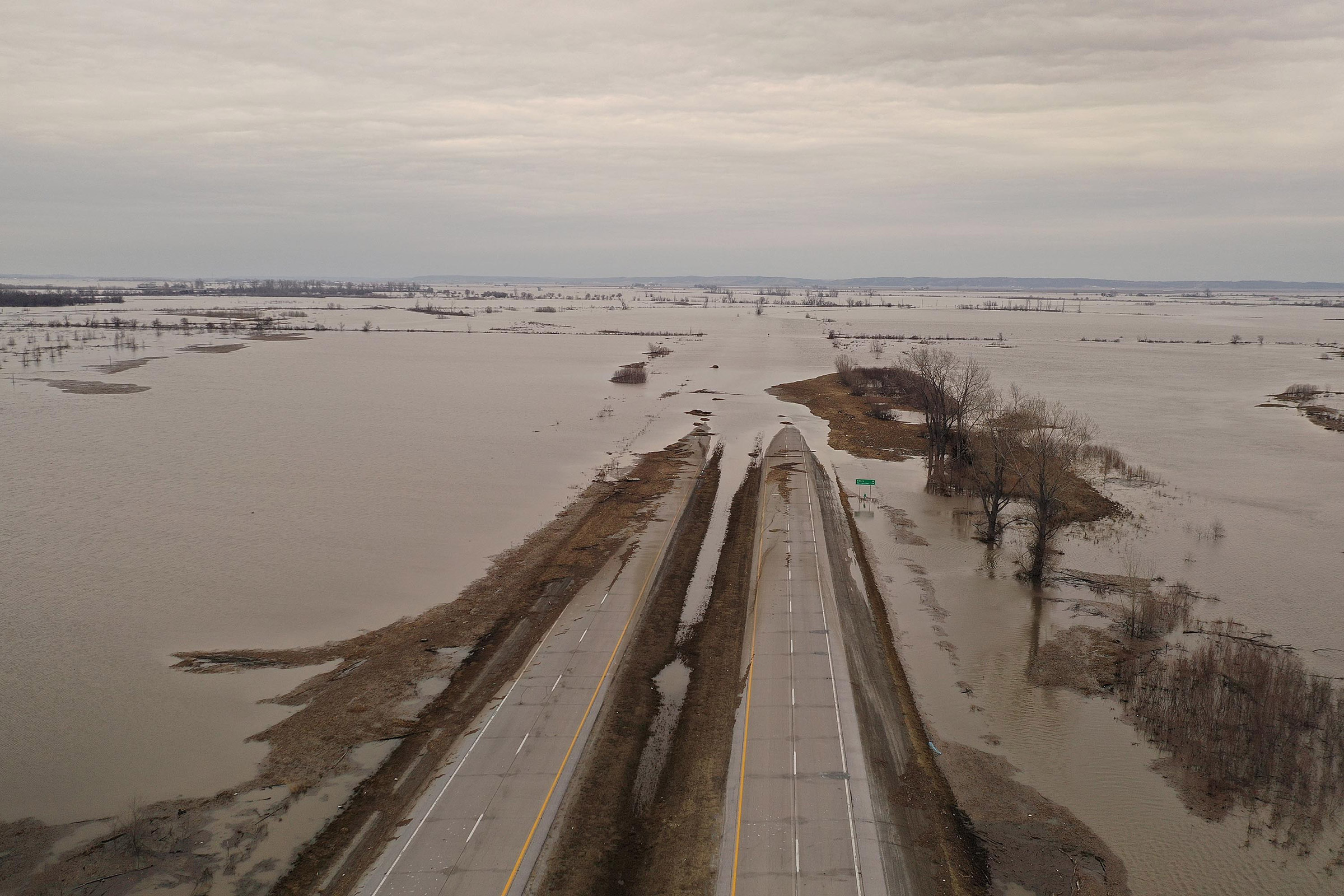 Floodwater covers Highway 2 near Sidney. Iowa on March 23, 2019. (Scott Olson—Getty Images)