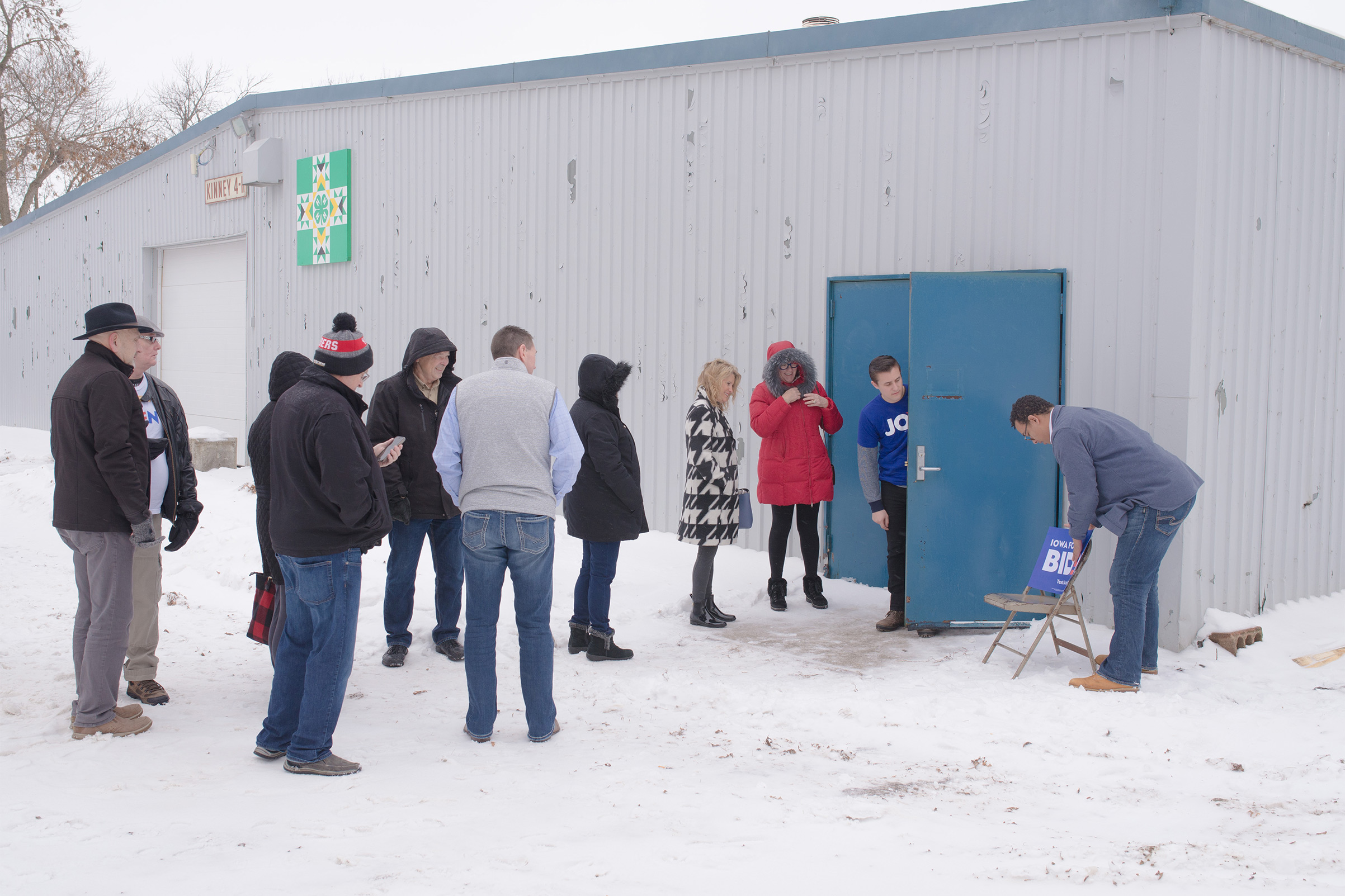 Supporters line up outside of a Joe Biden community event in Mason City, Iowa, Jan. 22, 2020. (September Dawn Bottoms for TIME)