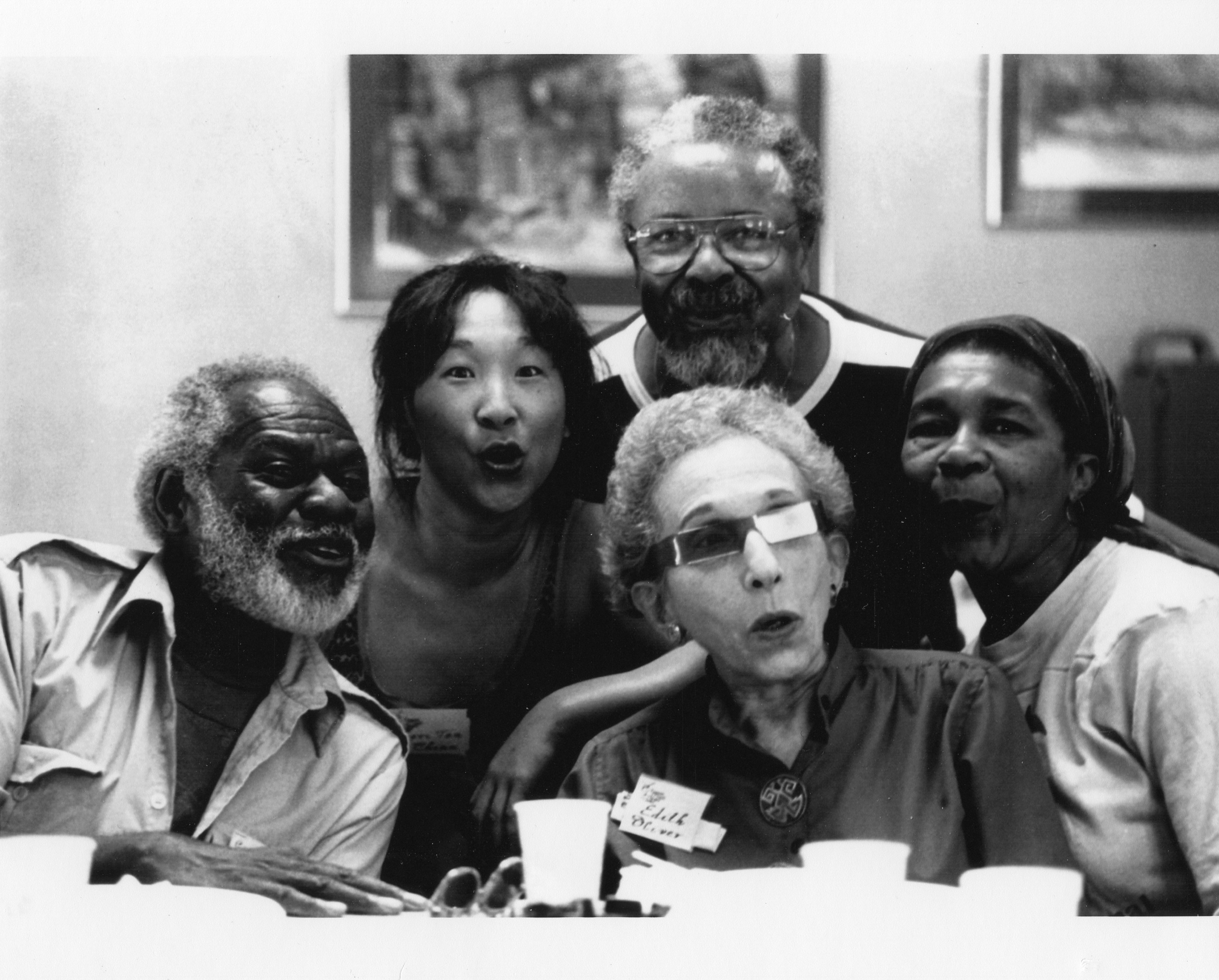Lori Tan Chinn, second from left, with a group that includes Lloyd Richards, Artistic Director of the National Playwrights Conference (top) and Dramaturg Edith Oliver (second from right) (Eugene O'Neill Theater Center)