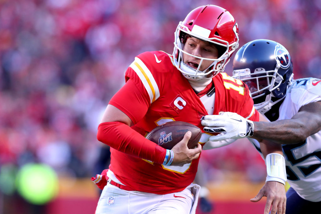 Patrick Mahomes #15 of the Kansas City Chiefs runs on his way to scoring a 27 yard touchdown in the second quarter against the Tennessee Titans in the AFC Championship Game at Arrowhead Stadium on January 19, 2020 in Kansas City, Missouri. (Tom Pennington–Getty Images)