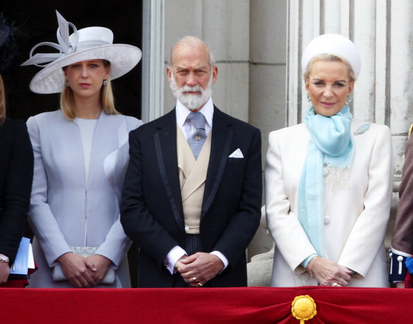Lady Gabriella Windsor, Prince Michael of Kent and Princess Michael of Kent stand on the balcony of Buckingham Palace during the annual Trooping of the Colour ceremony in London, England on June 15, 2013.