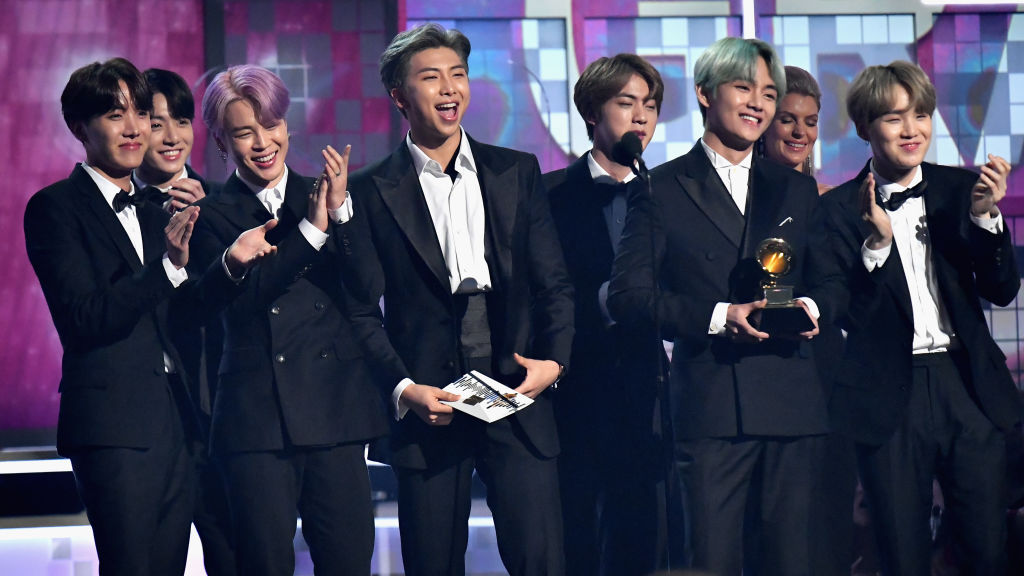 BTS speaks onstage during the 61st Annual GRAMMY Awards at Staples Center on February 10, 2019 in Los Angeles, California. (FilmMagic—2019 Jeff Kravitz)