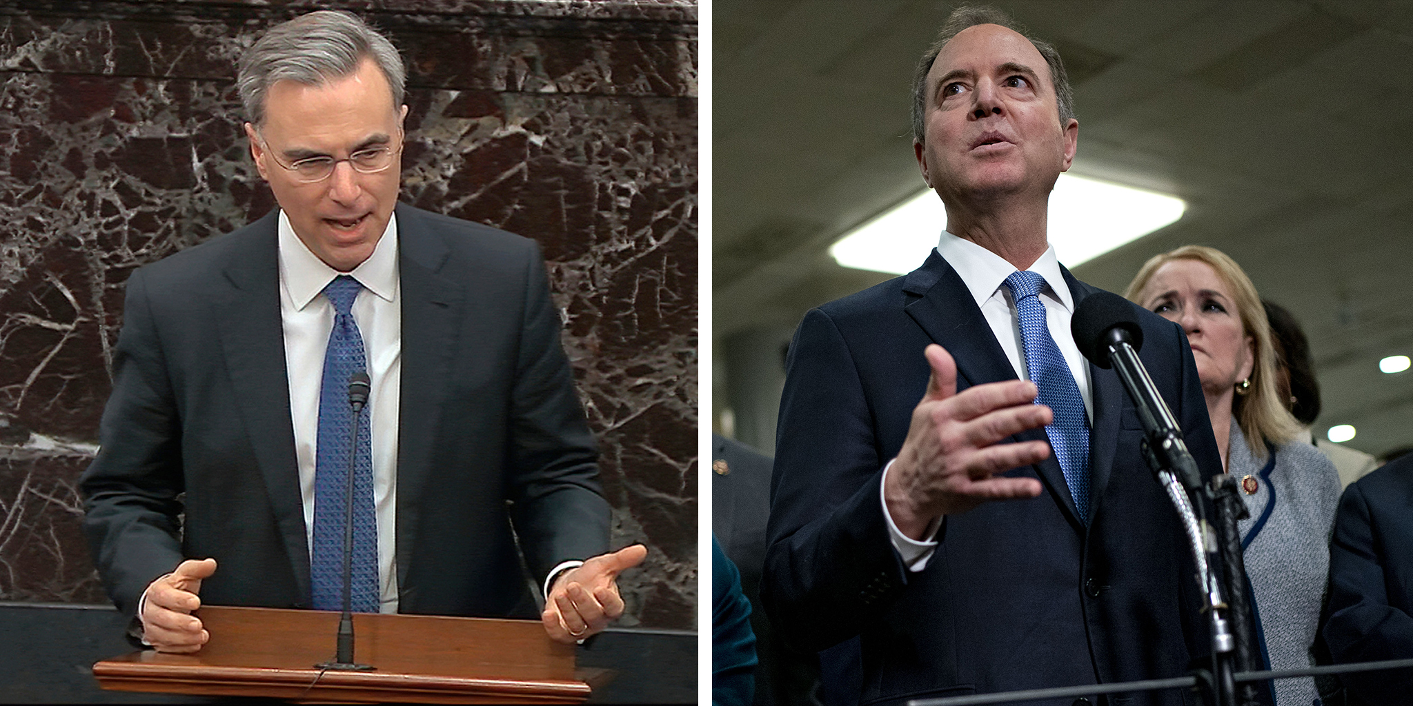 White House counsel Pat Cipollone and Representative Adam Schiff (Senate Television—AP; Andrew Harrer—Bloomberg/Getty Images)