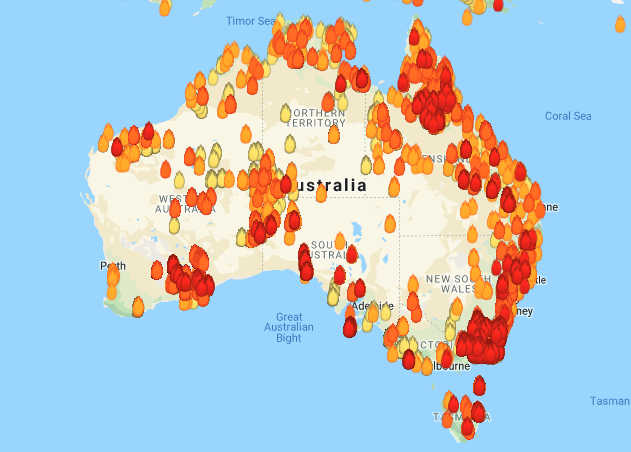 Wildfires burning across Australia on Jan. 3, 2020. (Landgate's MyFireWatch)