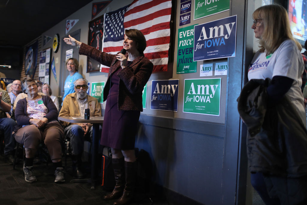 Klobuchar speaks during a campaign stop at Miller’s Sports Bar and Restaurant on December 27, 2019 in Algona, Iowa. (Joe Raedle—Getty Images)