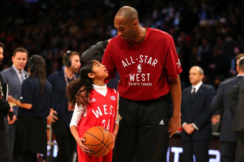 Kobe Bryant warms up with daughter Gianna Bryant during the NBA All-Star Game on Feb. 14, 2016.