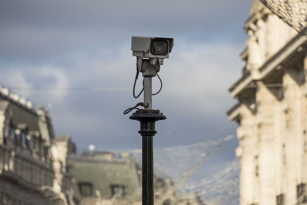 A CCTV camera (not equipped with facial recognition) in central London on Monday, Jan. 6, 2020. (Jason Alden/Bloomberg via Getty Images)