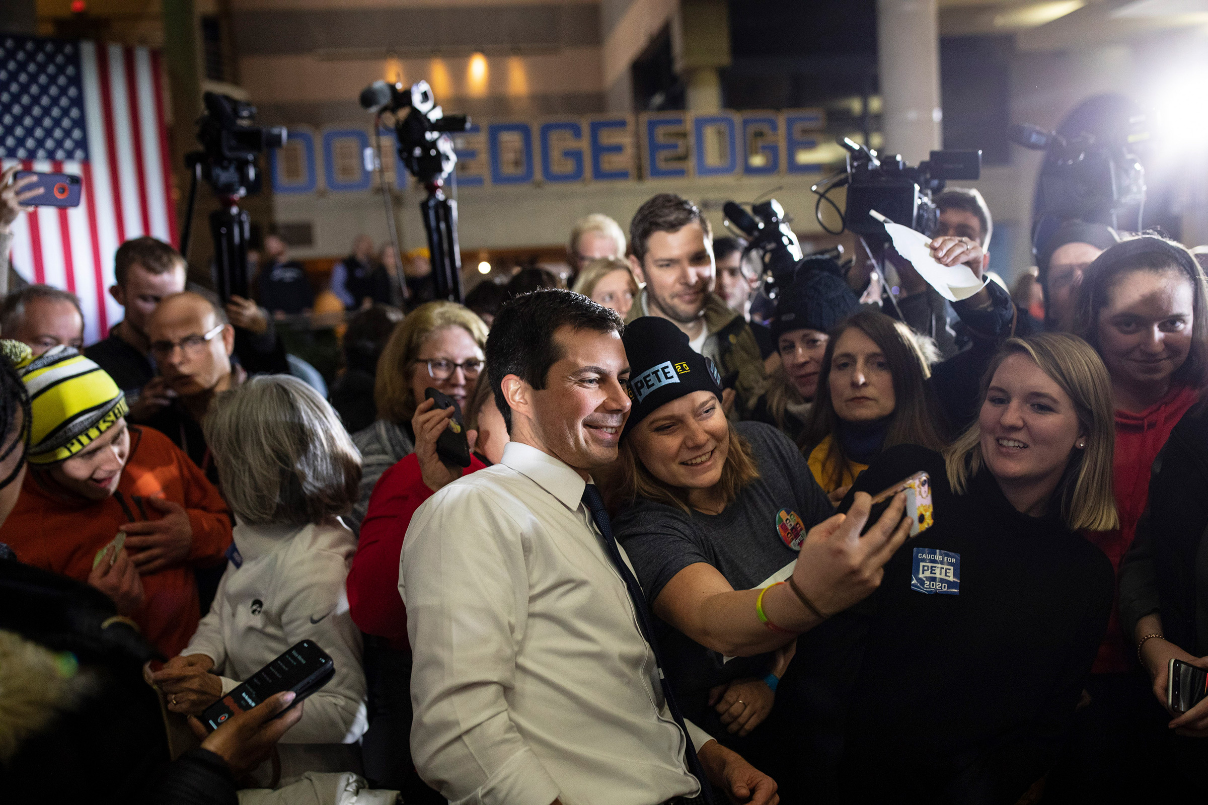 Former South Bend mayor Buttigieg with supporters at a campaign event in Des Moines, Iowa (Tamir Kalifa—The New York Times/Redux)